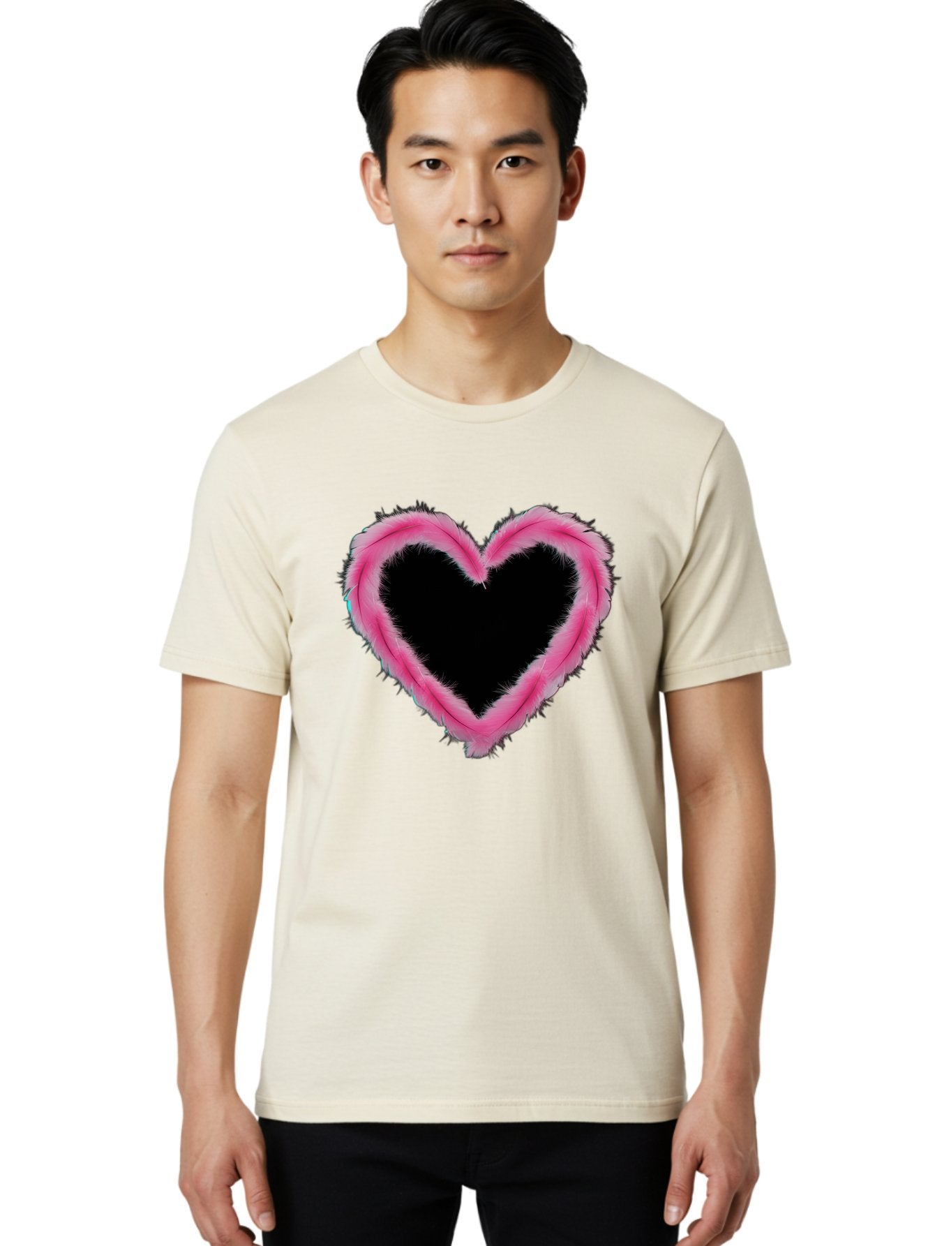 Heart Men'S Graphic Tee, 100% Cotton, Comfortable Casual Summer Wear, Machine Washable, Pink Feather Heart, Fluffy Heart, Romantic Symbol, Fuzzy Love, Heart Shape, Feather Design, Cute Graphics, Valentine'S Icon Baa794 20