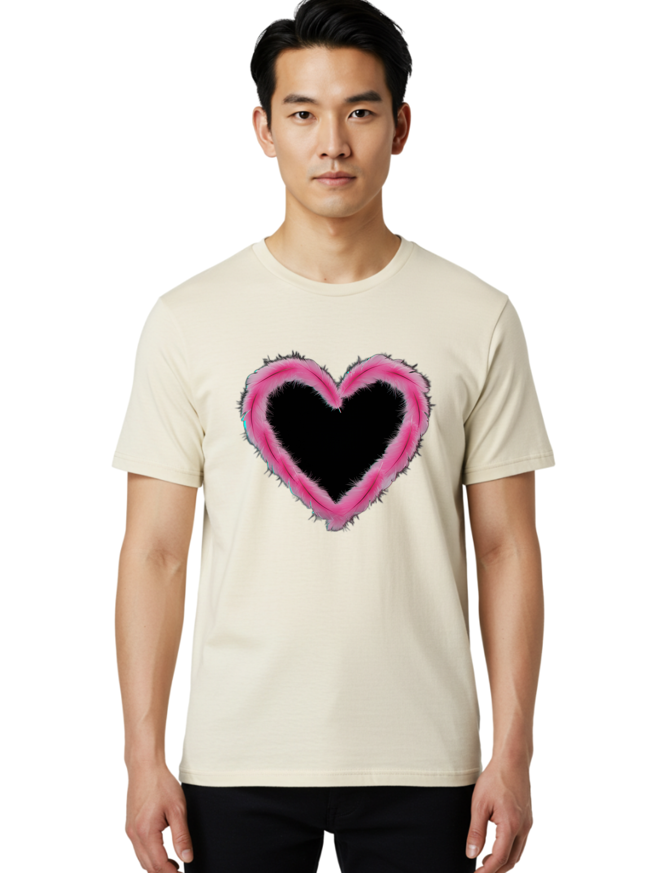 Heart Men'S Graphic Tee, 100% Cotton, Comfortable Casual Summer Wear, Machine Washable, Pink Feather Heart, Fluffy Heart, Romantic Symbol, Fuzzy Love, Heart Shape, Feather Design, Cute Graphics, Valentine'S Icon Baa794 30