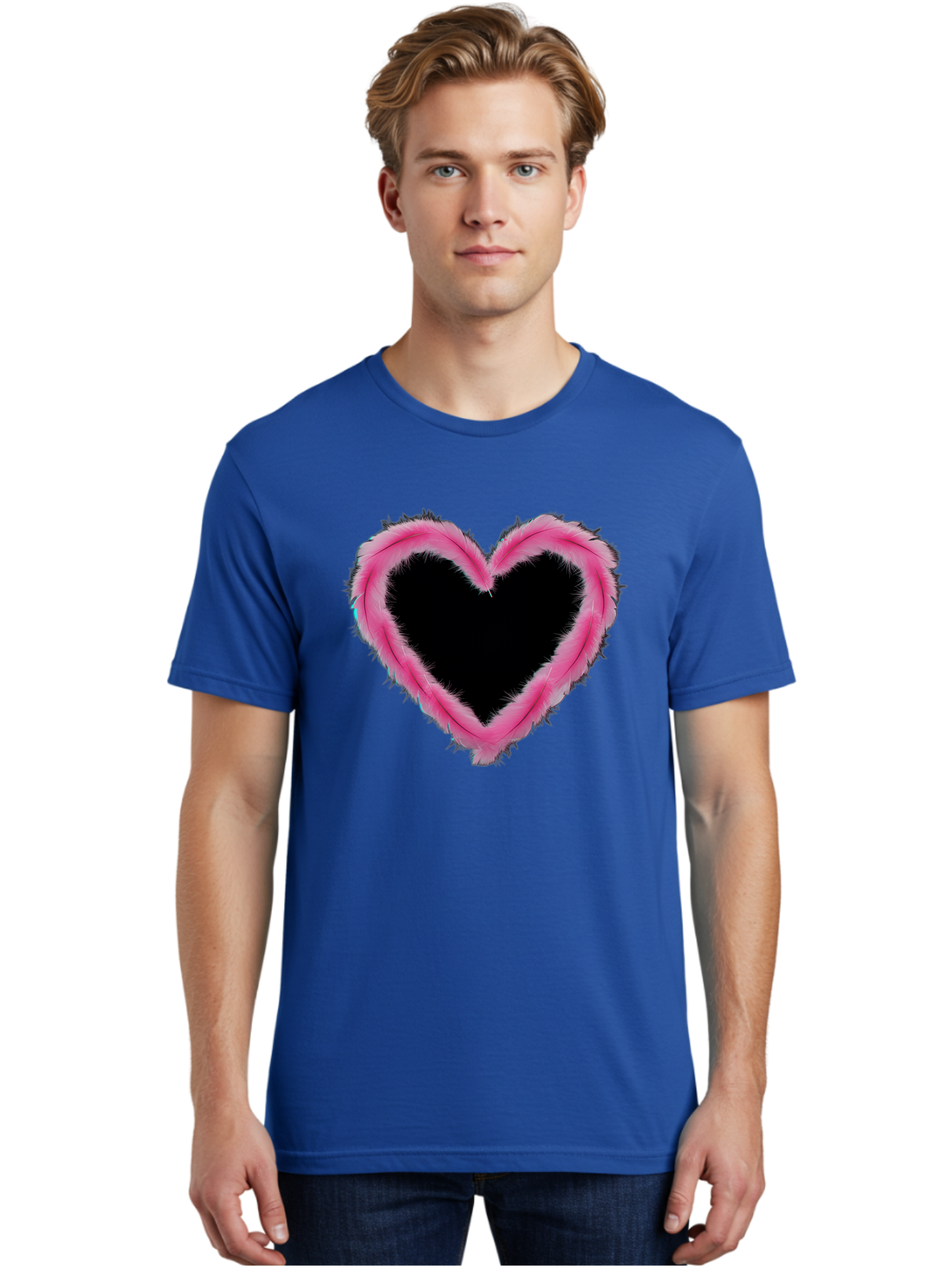 Heart Men'S Graphic Tee, 100% Cotton, Comfortable Casual Summer Wear, Machine Washable, Pink Feather Heart, Fluffy Heart, Romantic Symbol, Fuzzy Love, Heart Shape, Feather Design, Cute Graphics, Valentine'S Icon Baa794 26