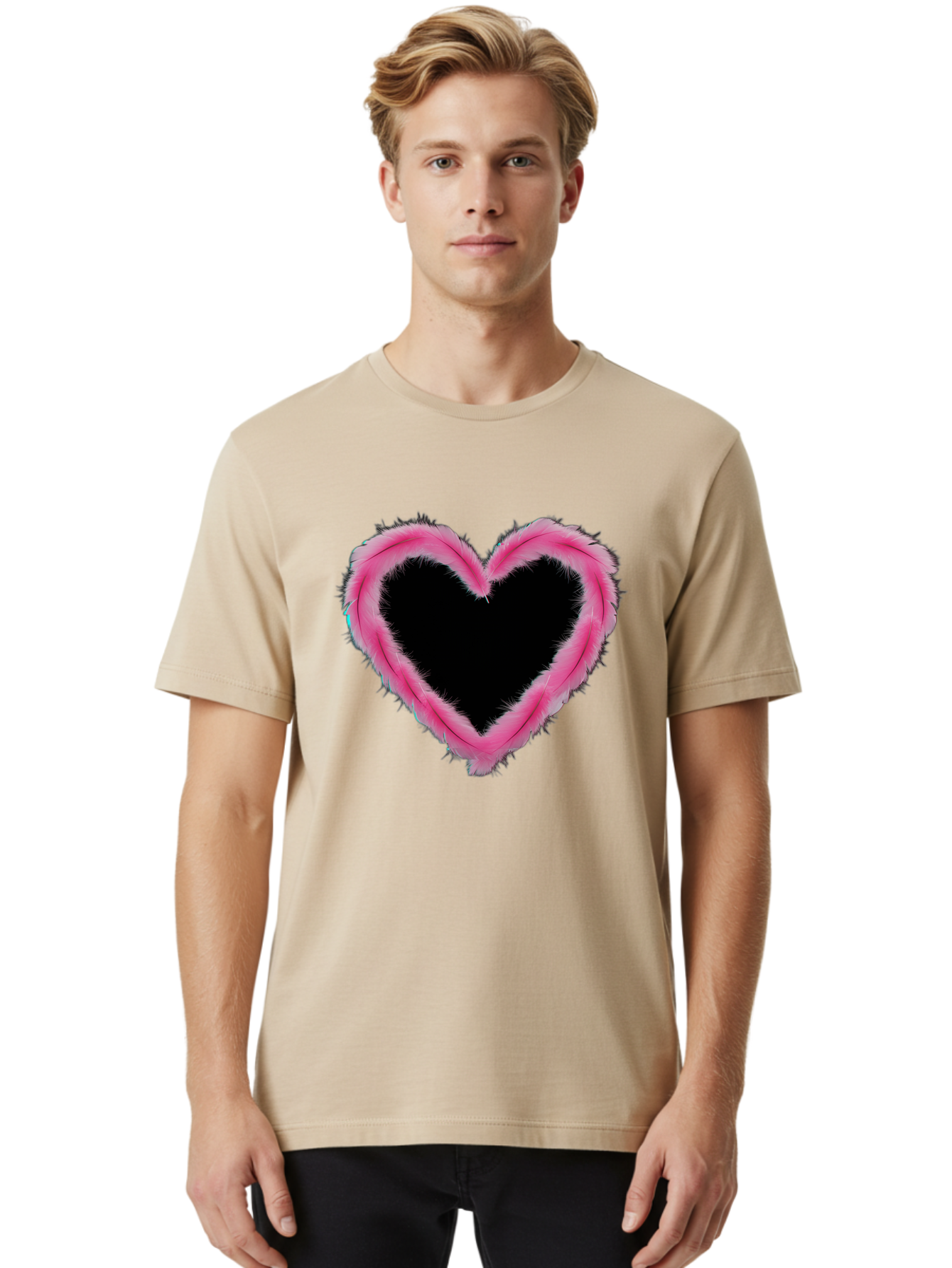 Heart Men'S Graphic Tee, 100% Cotton, Comfortable Casual Summer Wear, Machine Washable, Pink Feather Heart, Fluffy Heart, Romantic Symbol, Fuzzy Love, Heart Shape, Feather Design, Cute Graphics, Valentine'S Icon Baa794 16