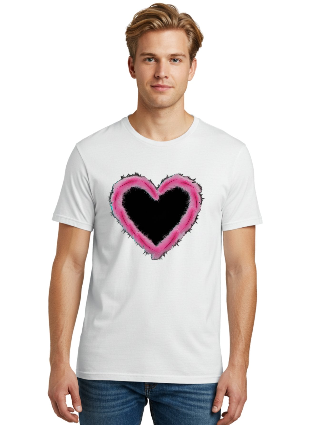 Heart Men'S Graphic Tee, 100% Cotton, Comfortable Casual Summer Wear, Machine Washable, Pink Feather Heart, Fluffy Heart, Romantic Symbol, Fuzzy Love, Heart Shape, Feather Design, Cute Graphics, Valentine'S Icon Baa794 24