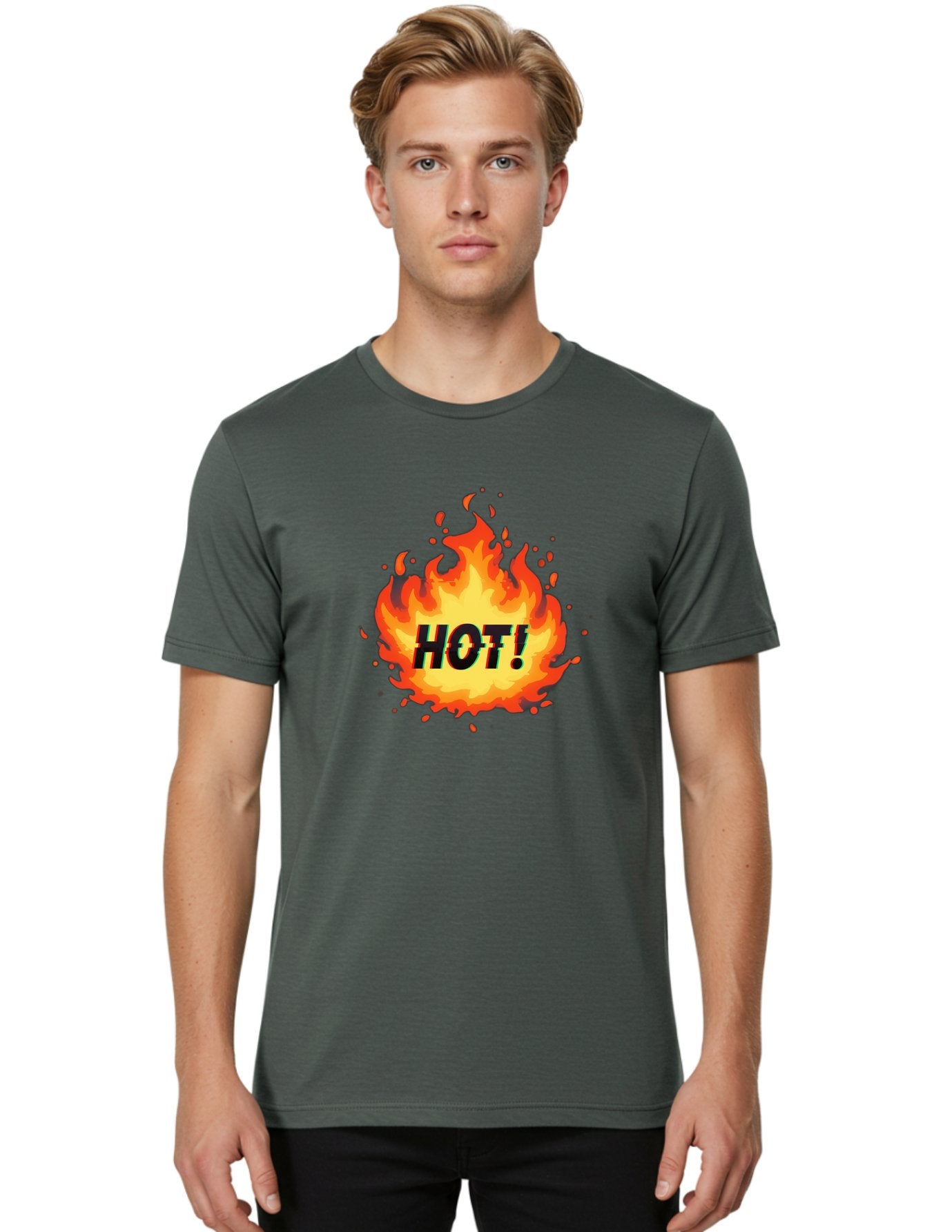 Hot-12 Men'S Graphic Tee, 100% Cotton, Comfortable Casual Summer Wear, Machine Washable, Yellow And Orange Flame, Fire Graphic, Hot Text, Bold Font, Intense Heat, Fiery Illustration, Dramatic Design, Splattered Flames Baa800 19