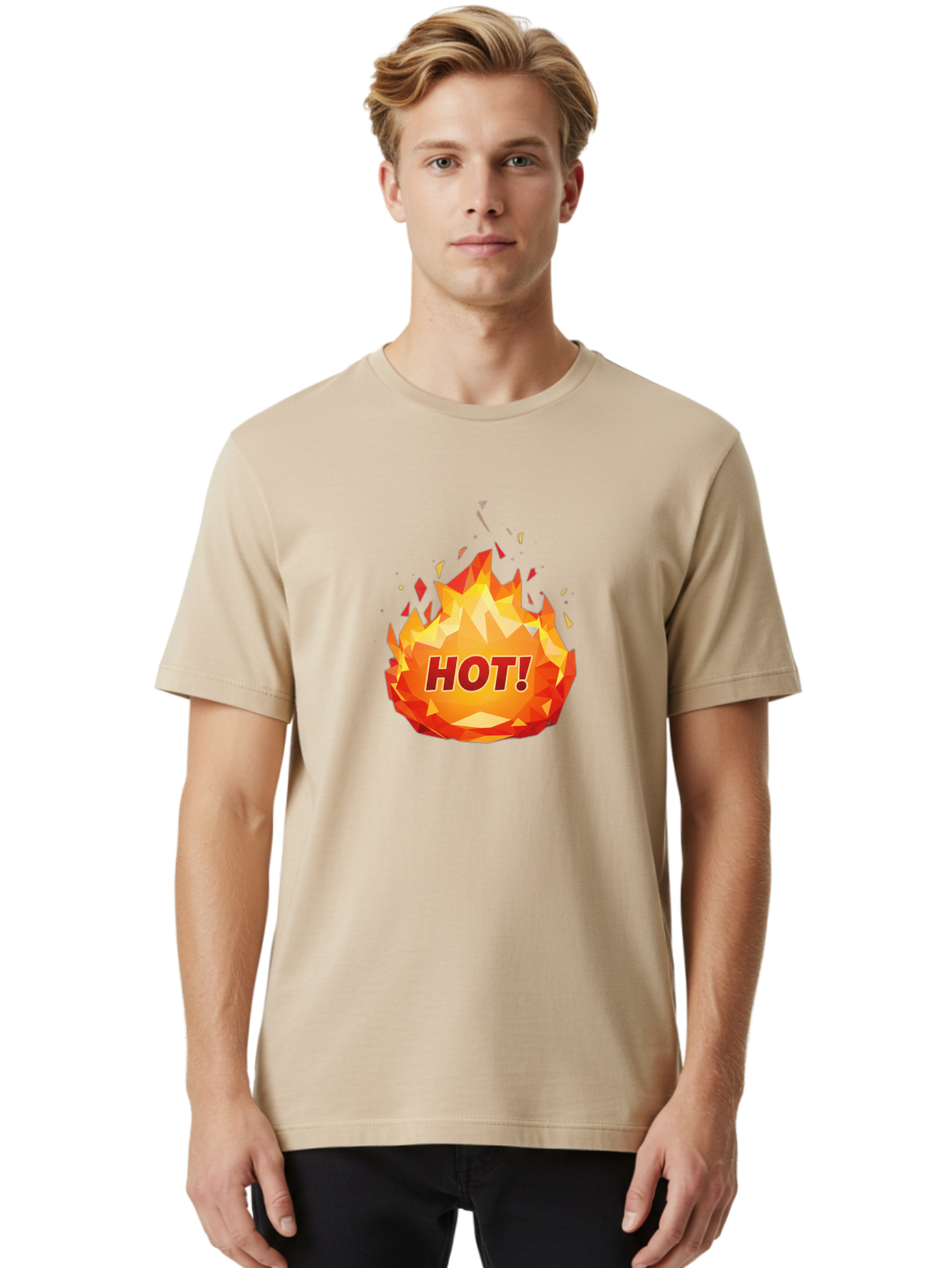 Hot-6 Men'S Graphic Tee, 100% Cotton, Comfortable Casual Summer Wear, Machine Washable, Hot Badge, Fiery Emblem, Orange Flames, Bold Text, Hot!, Burning Effect, Vibrant Graphics, Attention-Grabbing Design, Fiery Graphics, Explosive Badge Baa805