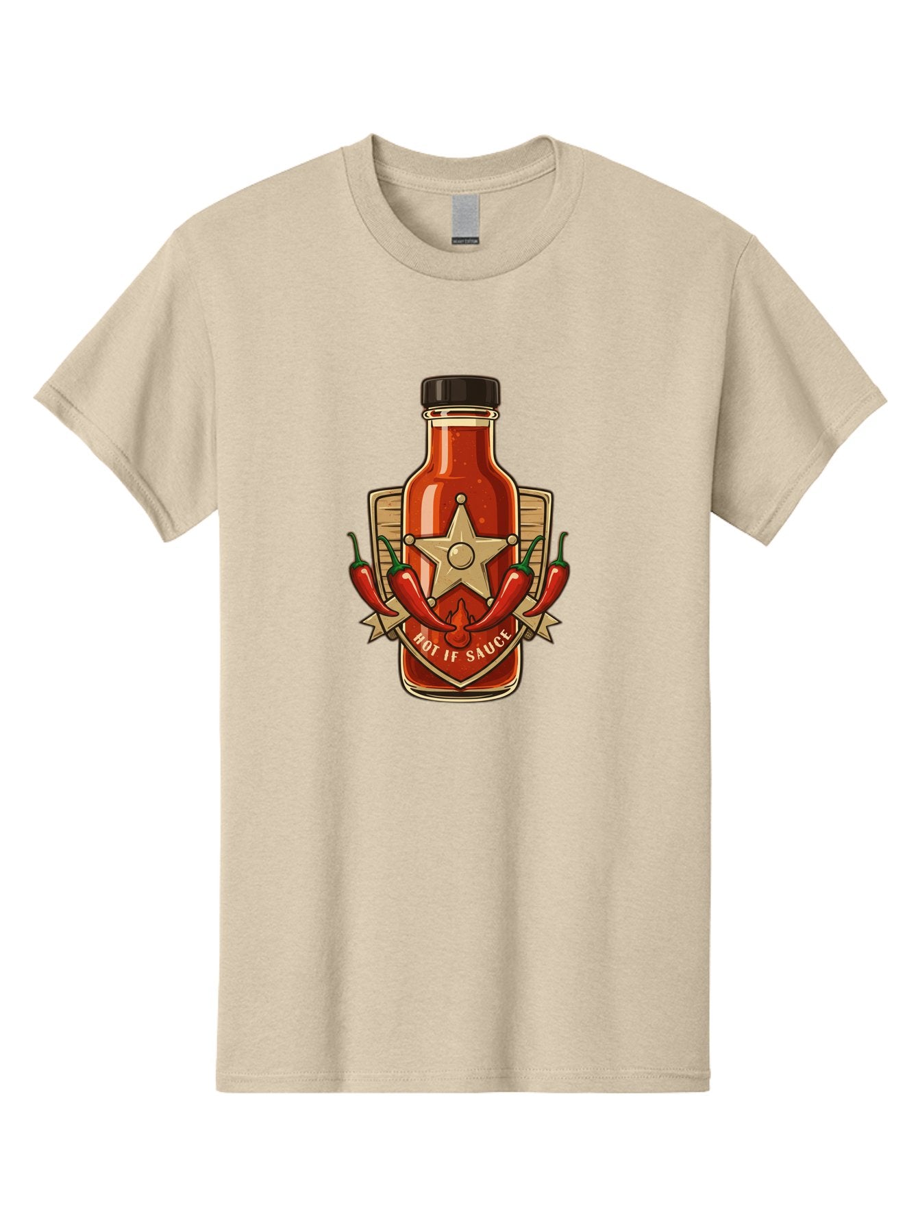 Hot-If-Sauce Men'S Graphic Tee, 100% Cotton, Comfortable Casual Summer Wear, Machine Washable, Hot Sauce Bottle, Spicy Condiment, Chili Peppers, Star Emblem, Vintage Label, Fiery Flavor, Savory Seasoning, Gourmet Cuisine Baa811 10