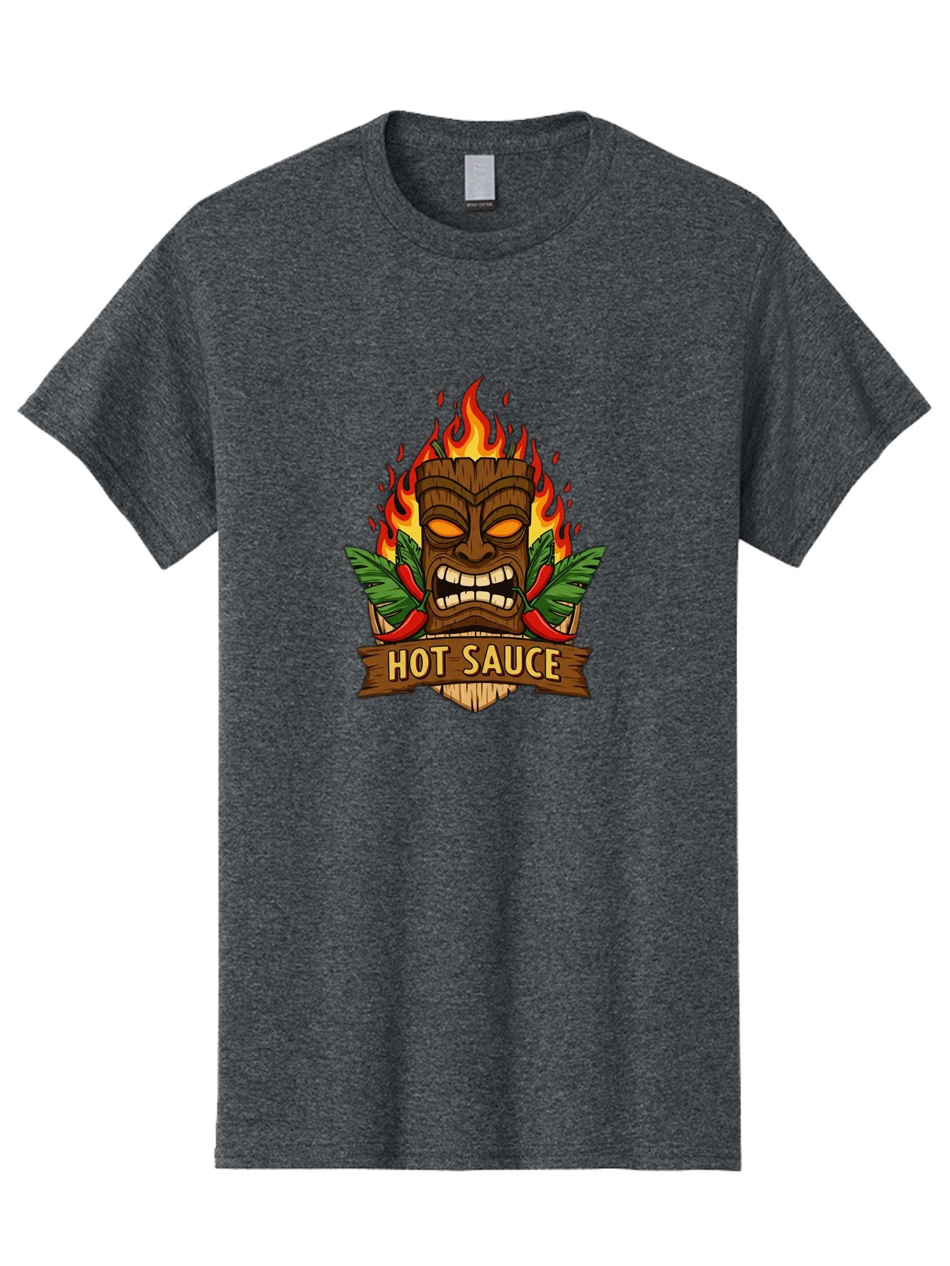 Hot-Sauce-10 Men'S Graphic Tee, 100% Cotton, Comfortable Casual Summer Wear, Machine Washable, Glowing Tiki Mask, Fiery Flames, Hot Sauce Branding, Chili Peppers, Spicy Food, Tropical Vibes, Condiment, Bbq Sauce, Food Logo Baa813