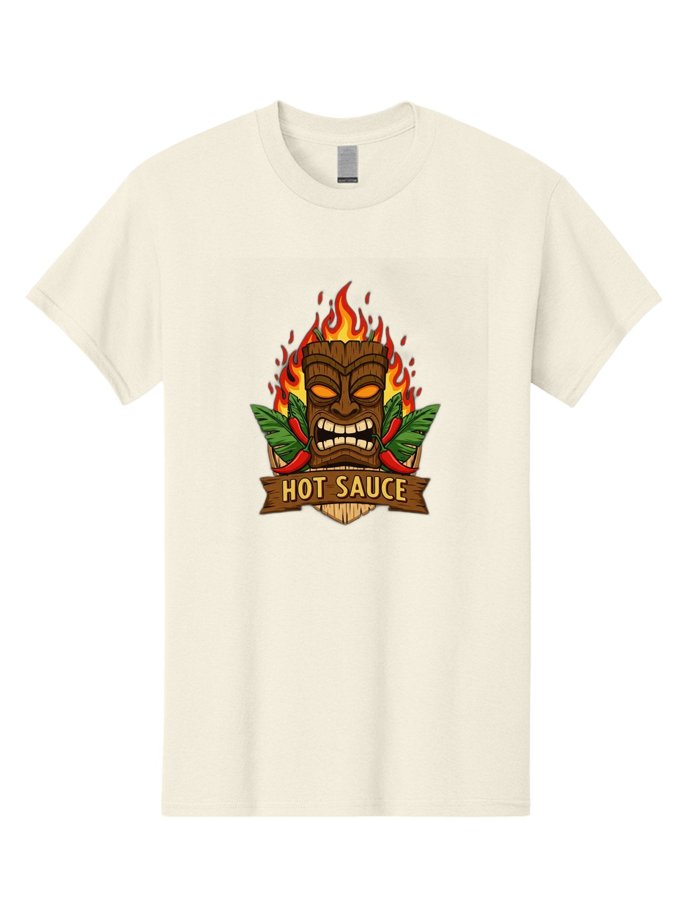 Hot-Sauce-10 Men'S Graphic Tee, 100% Cotton, Comfortable Casual Summer Wear, Machine Washable, Glowing Tiki Mask, Fiery Flames, Hot Sauce Branding, Chili Peppers, Spicy Food, Tropical Vibes, Condiment, Bbq Sauce, Food Logo Baa813 3