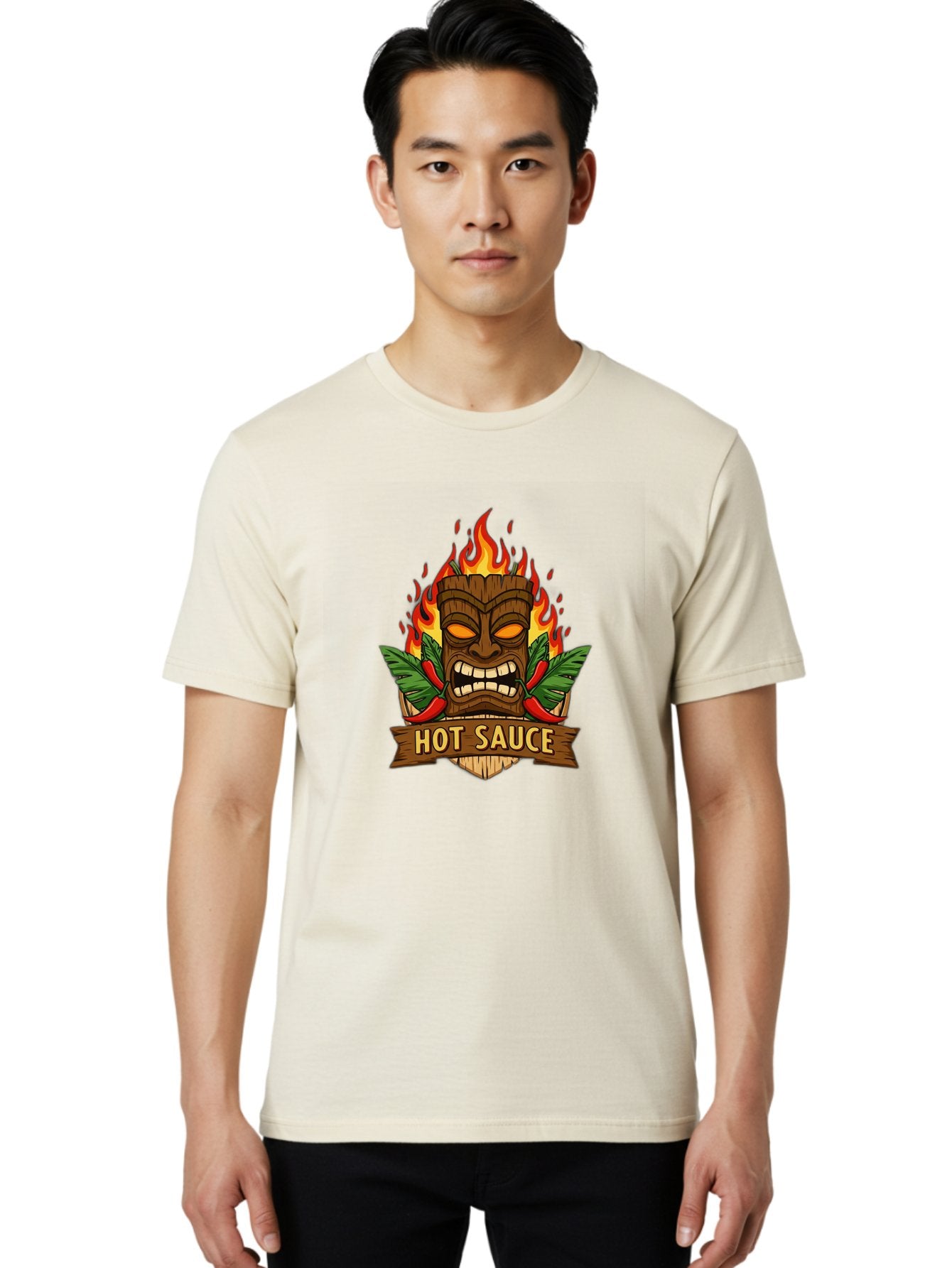 Hot-Sauce-10 Men'S Graphic Tee, 100% Cotton, Comfortable Casual Summer Wear, Machine Washable, Glowing Tiki Mask, Fiery Flames, Hot Sauce Branding, Chili Peppers, Spicy Food, Tropical Vibes, Condiment, Bbq Sauce, Food Logo Baa813 22