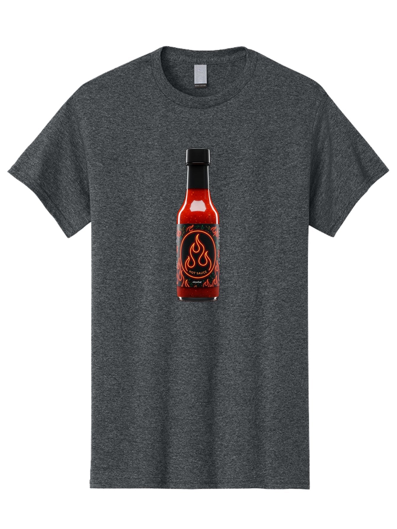 Hot-Sauce-2 Men'S Graphic Tee, 100% Cotton, Comfortable Casual Summer Wear, Machine Washable, Hot Sauce, Spicy Condiment, Chili Peppers, Red Sauce, Glass Bottle, Black Cap, Flame Design, Hot Sauce Bottle, Condiment Bottle, Spicy Food Baa814 6
