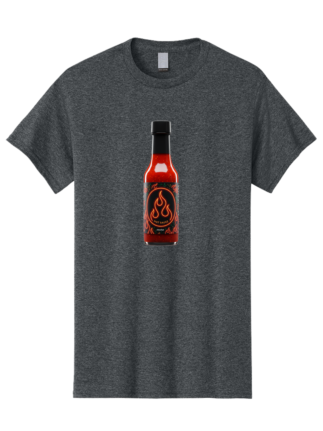 Hot-Sauce-2 Men'S Graphic Tee, 100% Cotton, Comfortable Casual Summer Wear, Machine Washable, Hot Sauce, Spicy Condiment, Chili Peppers, Red Sauce, Glass Bottle, Black Cap, Flame Design, Hot Sauce Bottle, Condiment Bottle, Spicy Food Baa814 13