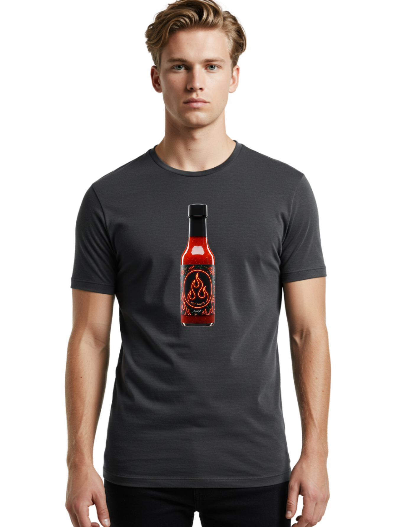 Hot-Sauce-2 Men'S Graphic Tee, 100% Cotton, Comfortable Casual Summer Wear, Machine Washable, Hot Sauce, Spicy Condiment, Chili Peppers, Red Sauce, Glass Bottle, Black Cap, Flame Design, Hot Sauce Bottle, Condiment Bottle, Spicy Food Baa814 14