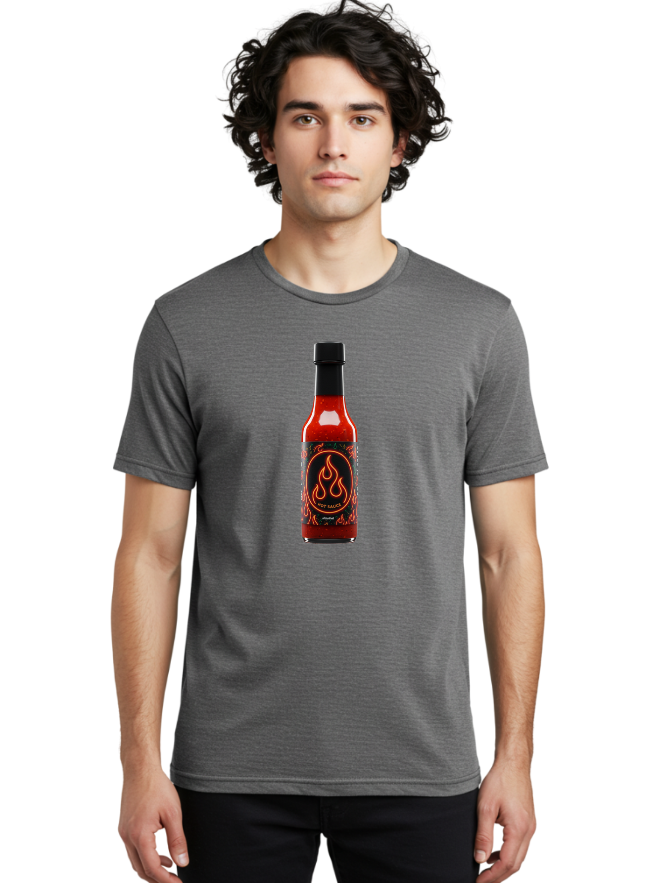 Hot-Sauce-2 Men'S Graphic Tee, 100% Cotton, Comfortable Casual Summer Wear, Machine Washable, Hot Sauce, Spicy Condiment, Chili Peppers, Red Sauce, Glass Bottle, Black Cap, Flame Design, Hot Sauce Bottle, Condiment Bottle, Spicy Food Baa814 8