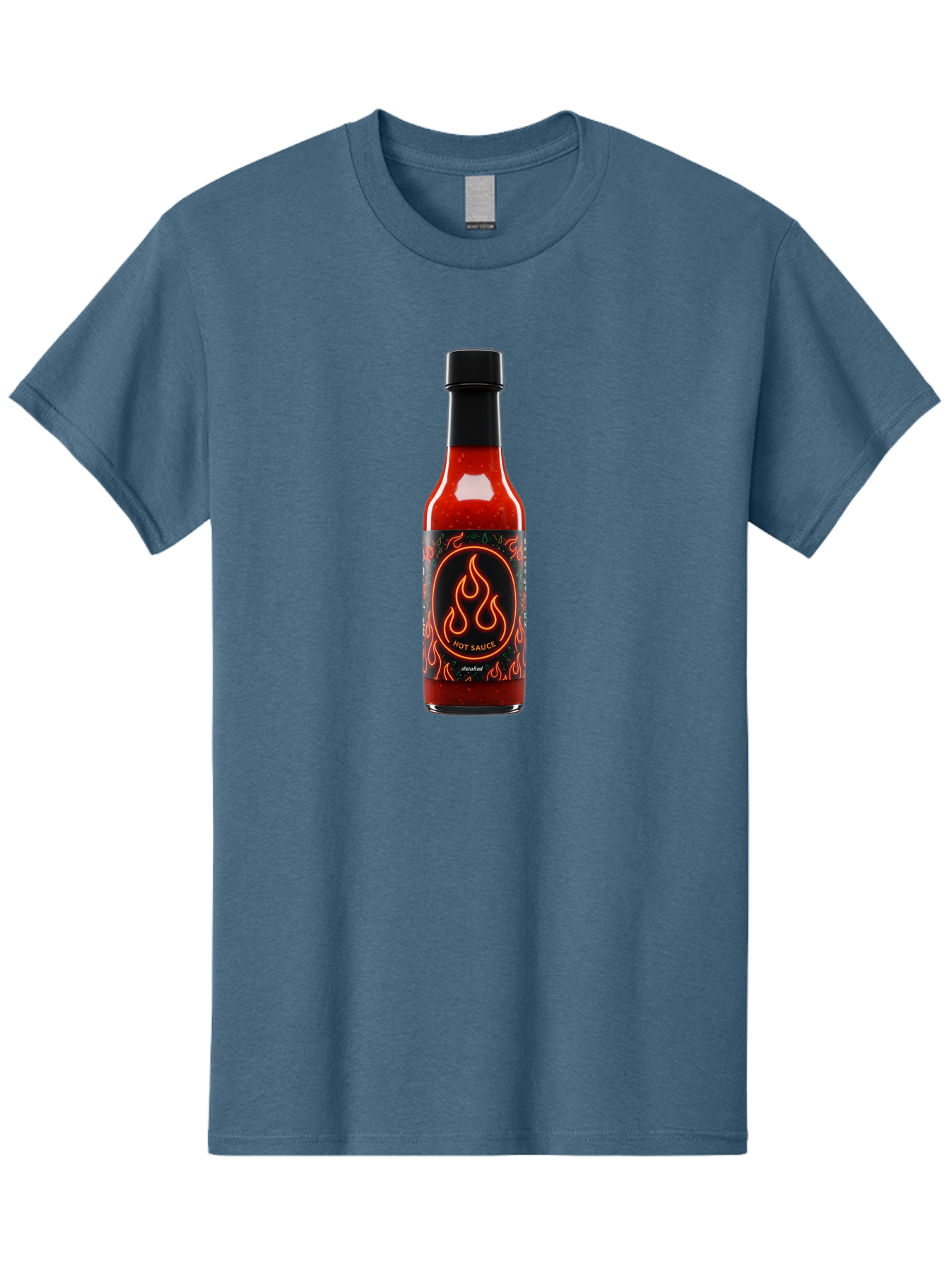 Hot-Sauce-2 Men'S Graphic Tee, 100% Cotton, Comfortable Casual Summer Wear, Machine Washable, Hot Sauce, Spicy Condiment, Chili Peppers, Red Sauce, Glass Bottle, Black Cap, Flame Design, Hot Sauce Bottle, Condiment Bottle, Spicy Food Baa814
