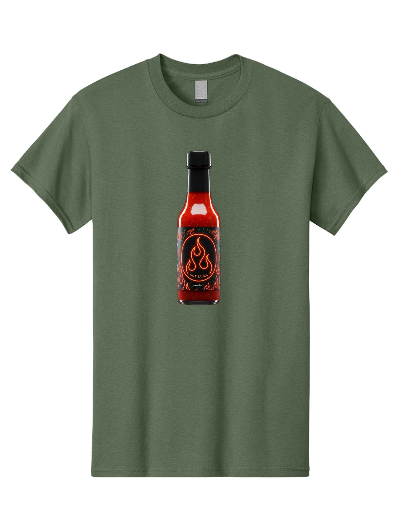 Hot-Sauce-2 Men'S Graphic Tee, 100% Cotton, Comfortable Casual Summer Wear, Machine Washable, Hot Sauce, Spicy Condiment, Chili Peppers, Red Sauce, Glass Bottle, Black Cap, Flame Design, Hot Sauce Bottle, Condiment Bottle, Spicy Food Baa814