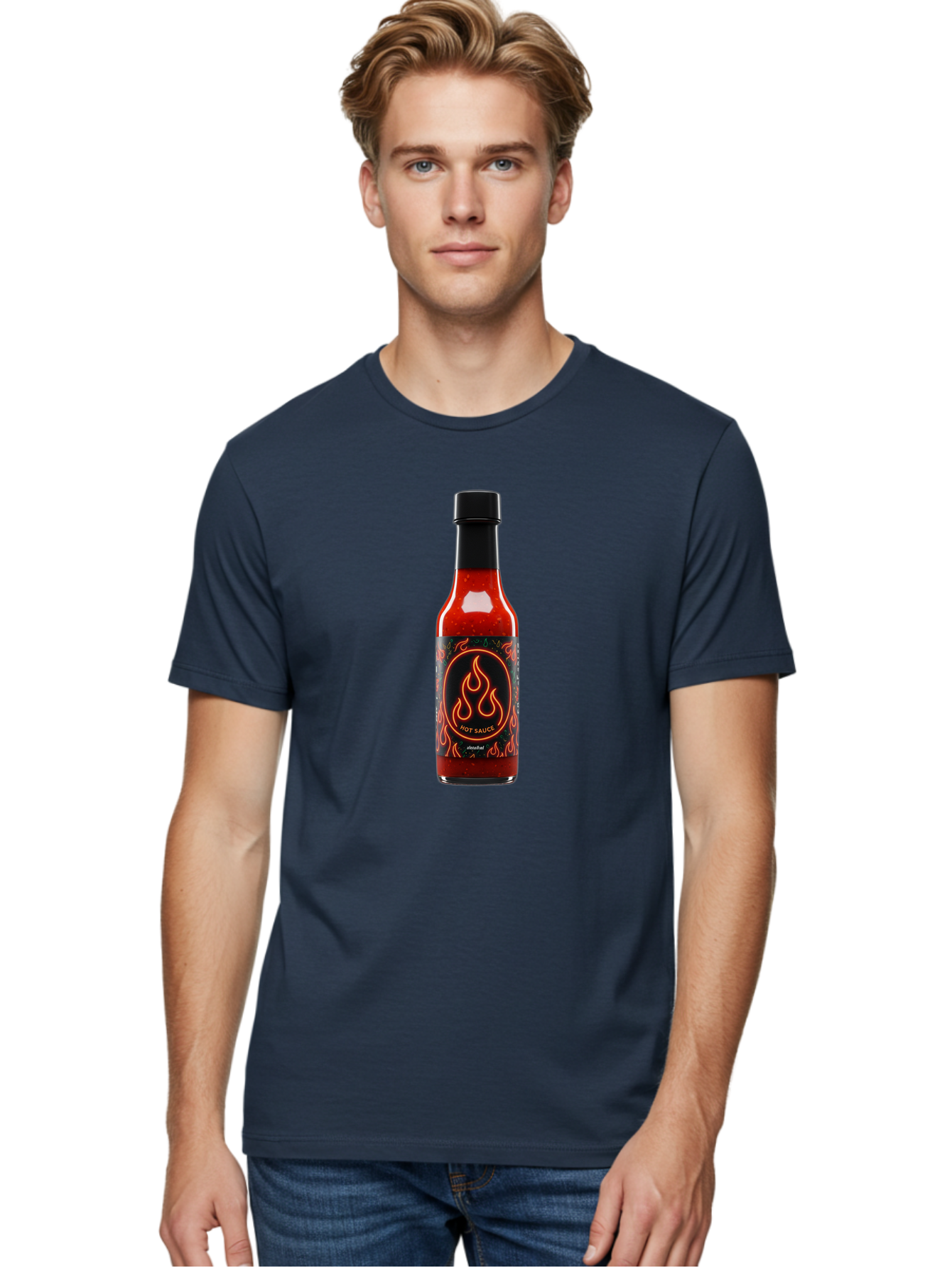 Hot-Sauce-2 Men'S Graphic Tee, 100% Cotton, Comfortable Casual Summer Wear, Machine Washable, Hot Sauce, Spicy Condiment, Chili Peppers, Red Sauce, Glass Bottle, Black Cap, Flame Design, Hot Sauce Bottle, Condiment Bottle, Spicy Food Baa814 24