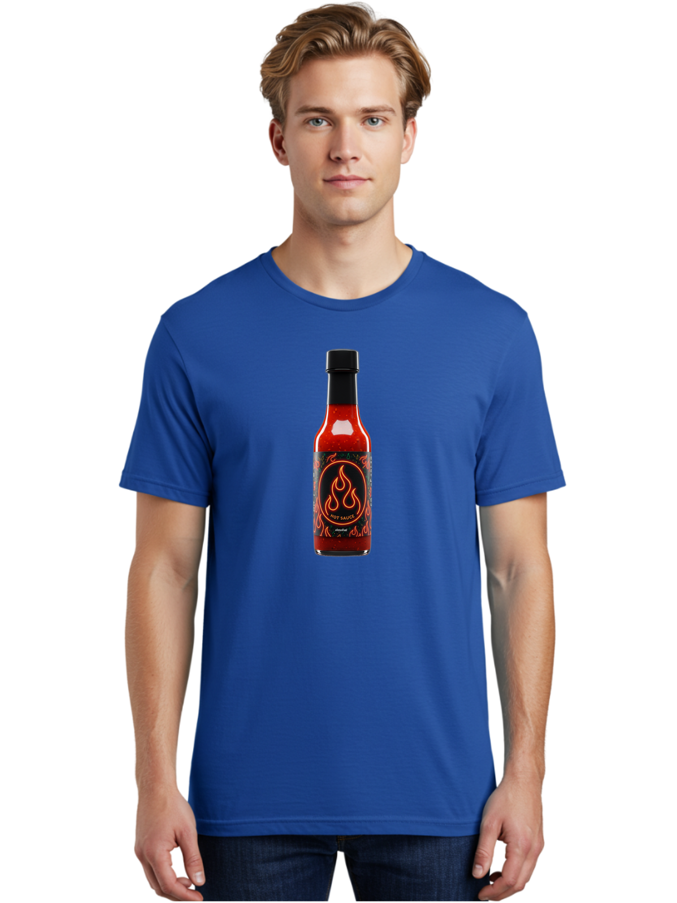 Hot-Sauce-2 Men'S Graphic Tee, 100% Cotton, Comfortable Casual Summer Wear, Machine Washable, Hot Sauce, Spicy Condiment, Chili Peppers, Red Sauce, Glass Bottle, Black Cap, Flame Design, Hot Sauce Bottle, Condiment Bottle, Spicy Food Baa814 30