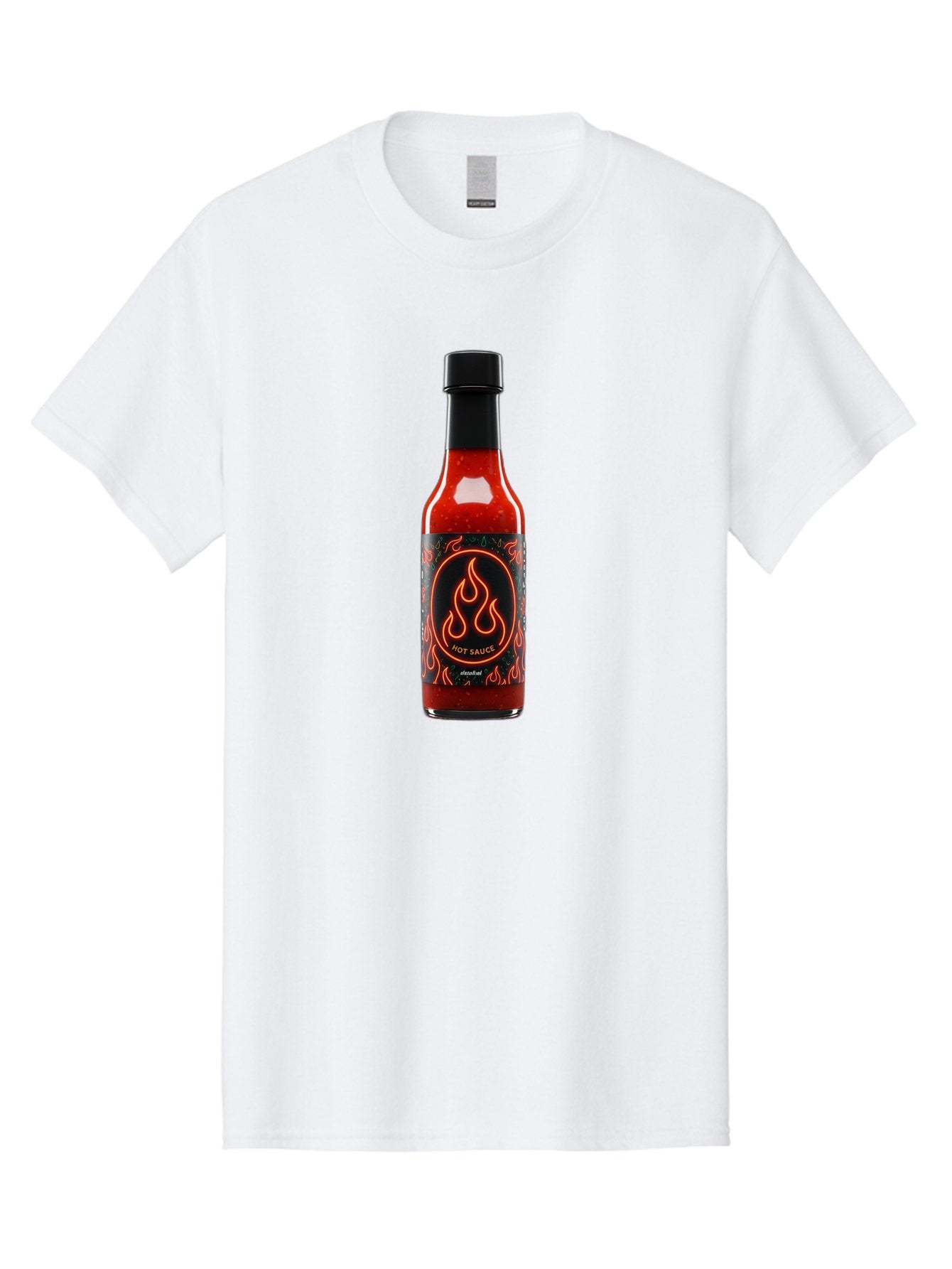Hot-Sauce-2 Men'S Graphic Tee, 100% Cotton, Comfortable Casual Summer Wear, Machine Washable, Hot Sauce, Spicy Condiment, Chili Peppers, Red Sauce, Glass Bottle, Black Cap, Flame Design, Hot Sauce Bottle, Condiment Bottle, Spicy Food Baa814 3