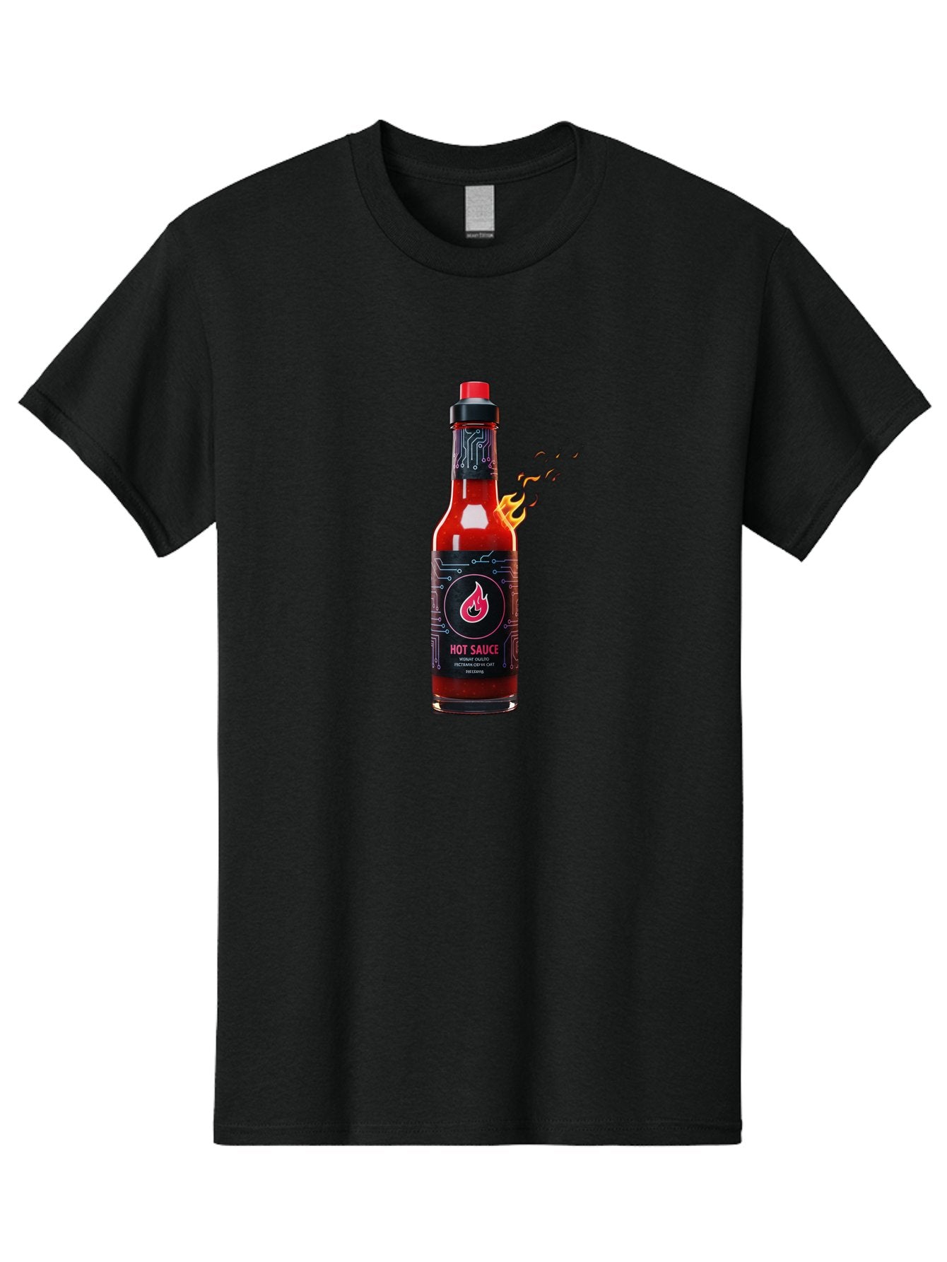 Hot-Sauce-5 Men'S Graphic Tee, 100% Cotton, Comfortable Casual Summer Wear, Machine Washable, Hot Sauce Bottle, Spicy Condiment, Chili Pepper Sauce, Fiery Flavor, Red Sauce, Black Label, Circuit Design, Flames Baa817