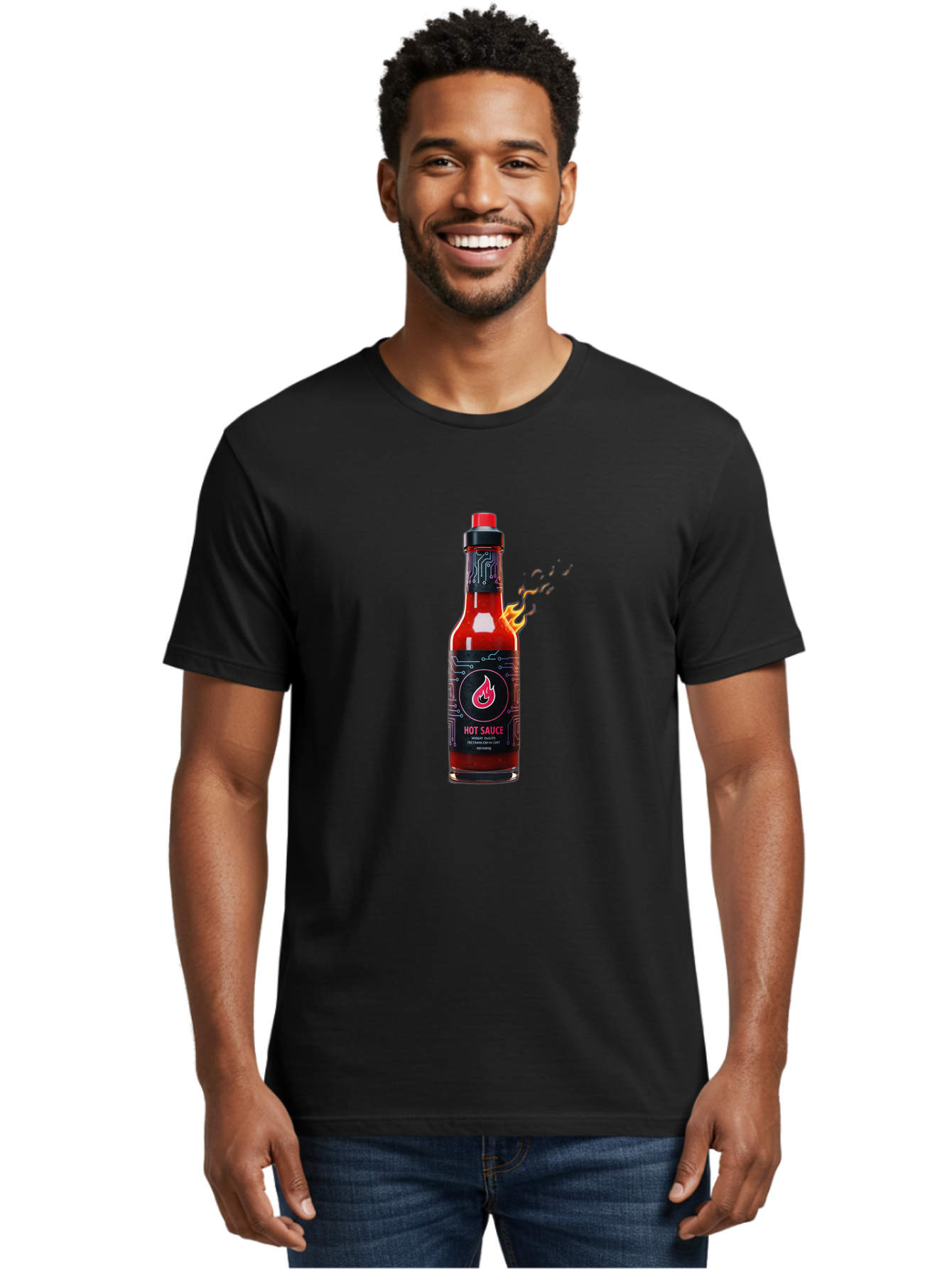 Hot-Sauce-5 Men'S Graphic Tee, 100% Cotton, Comfortable Casual Summer Wear, Machine Washable, Hot Sauce Bottle, Spicy Condiment, Chili Pepper Sauce, Fiery Flavor, Red Sauce, Black Label, Circuit Design, Flames Baa817 20