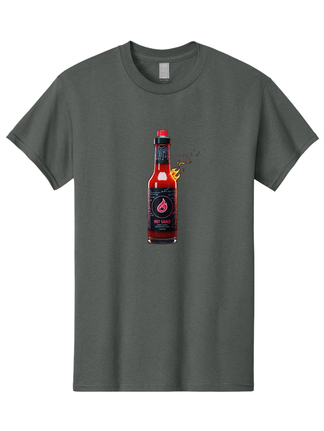 Hot-Sauce-5 Men'S Graphic Tee, 100% Cotton, Comfortable Casual Summer Wear, Machine Washable, Hot Sauce Bottle, Spicy Condiment, Chili Pepper Sauce, Fiery Flavor, Red Sauce, Black Label, Circuit Design, Flames Baa817