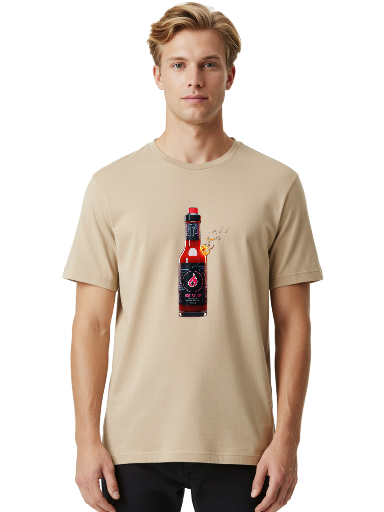 Hot-Sauce-5 Men'S Graphic Tee, 100% Cotton, Comfortable Casual Summer Wear, Machine Washable, Hot Sauce Bottle, Spicy Condiment, Chili Pepper Sauce, Fiery Flavor, Red Sauce, Black Label, Circuit Design, Flames Baa817 30