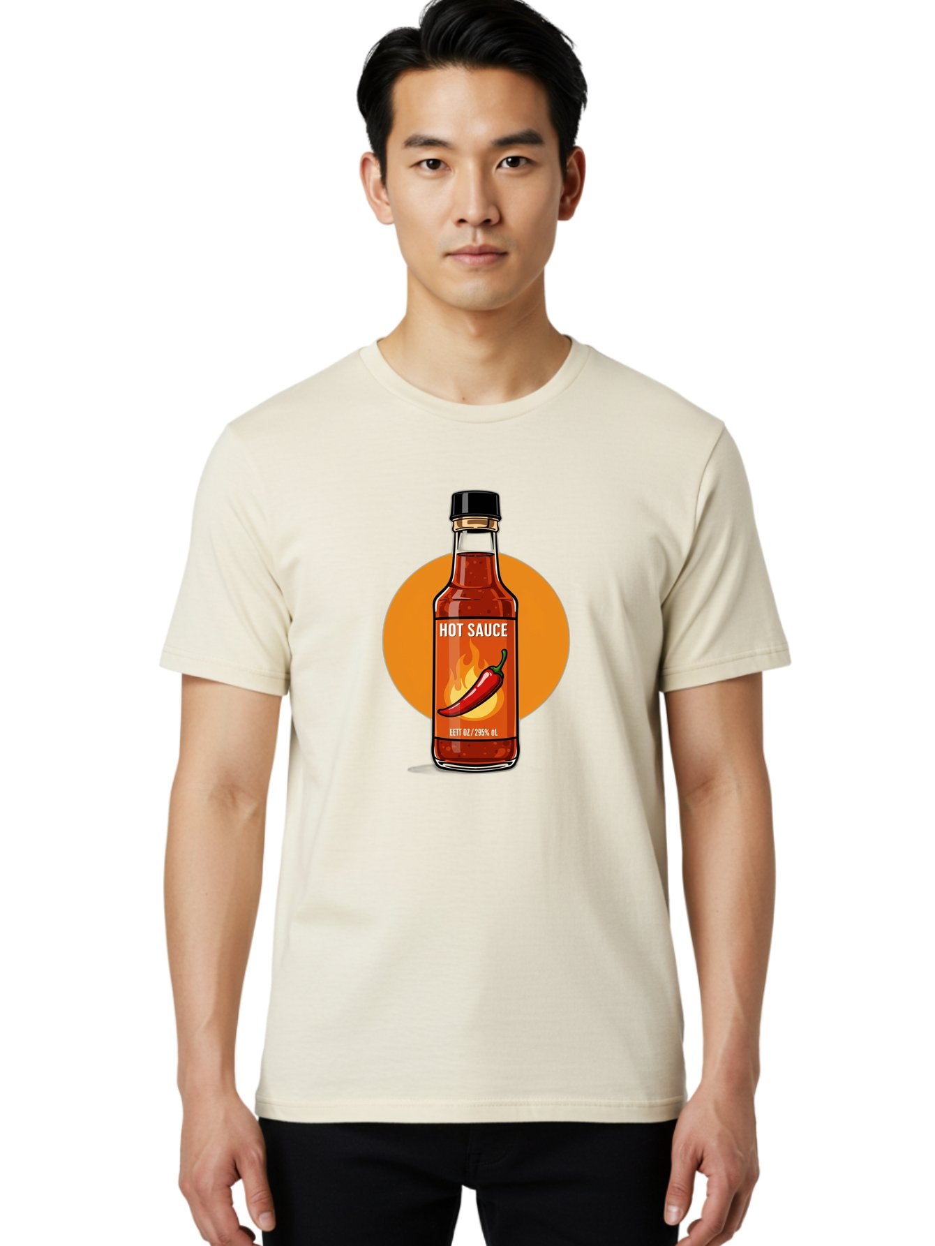 Hot-Sauce-6 Men'S Graphic Tee, 100% Cotton, Comfortable Casual Summer Wear, Machine Washable, Hot Sauce Bottle, Spicy Condiment, Chili Pepper, Fiery Flavor, Condiment Bottle, Hot Sauce Label, Chili Pepper Illustration, Spicy Food, Baa818 24