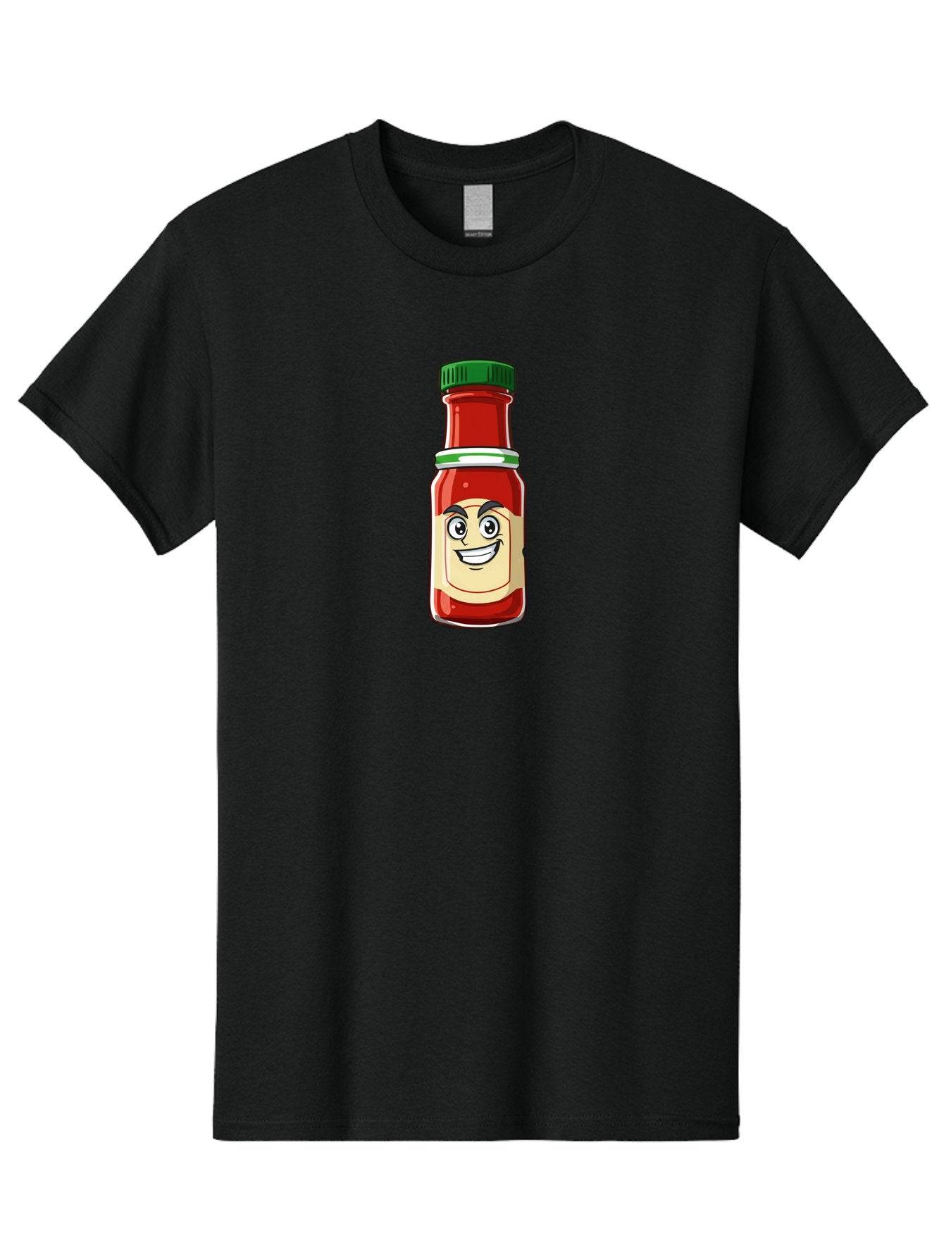 Hot-Sauce-Bottle-1 Men'S Graphic Tee, 100% Cotton, Comfortable Casual Summer Wear, Machine Washable, Cartoon Hot Sauce, Smiling Face, Red Sauce, Green Cap, Condiment Bottle, Humorous Illustration, Ketchup Alternative, Spicy Food, Baa822 10