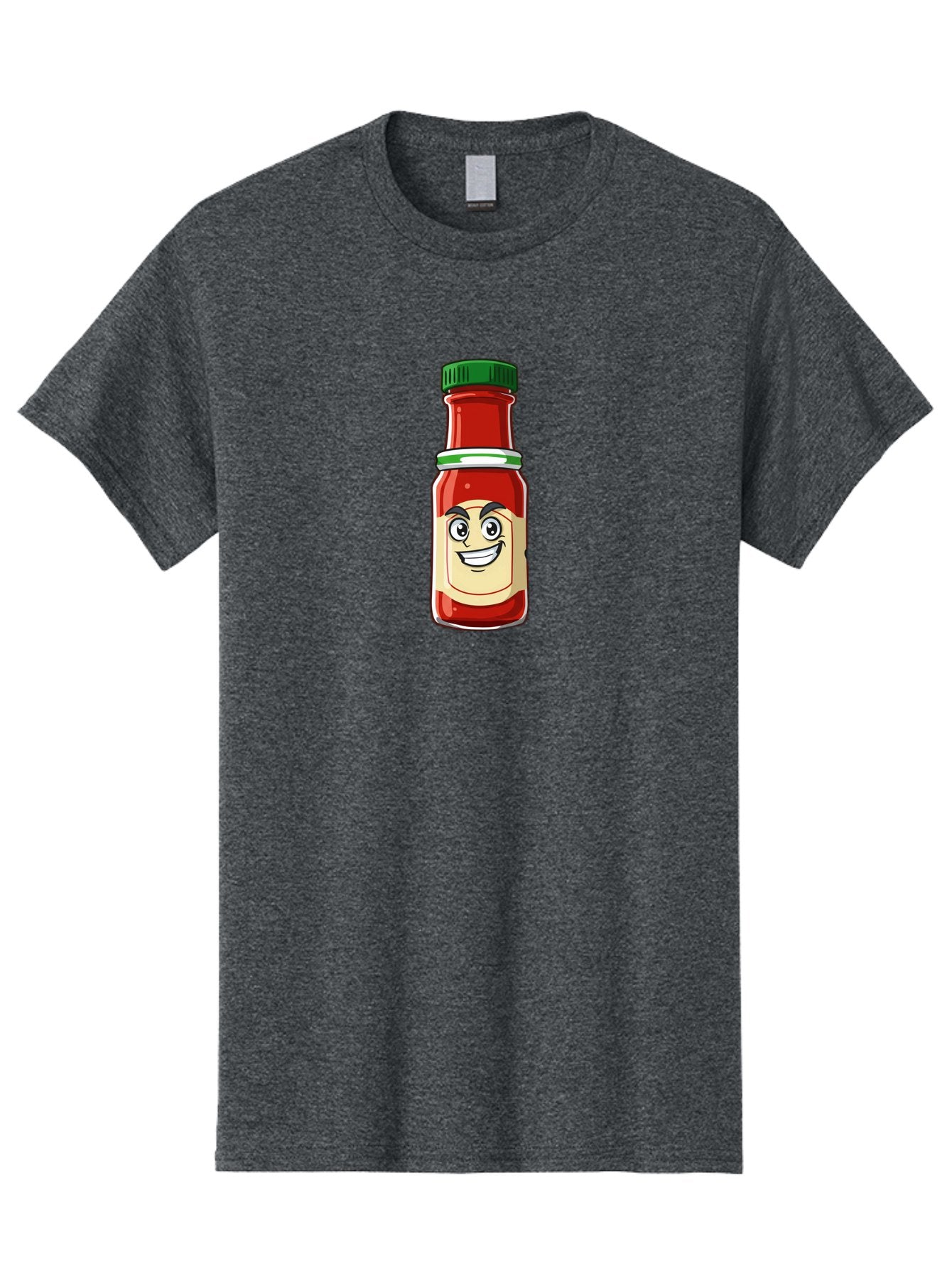Hot-Sauce-Bottle-1 Men'S Graphic Tee, 100% Cotton, Comfortable Casual Summer Wear, Machine Washable, Cartoon Hot Sauce, Smiling Face, Red Sauce, Green Cap, Condiment Bottle, Humorous Illustration, Ketchup Alternative, Spicy Food, Baa822 9