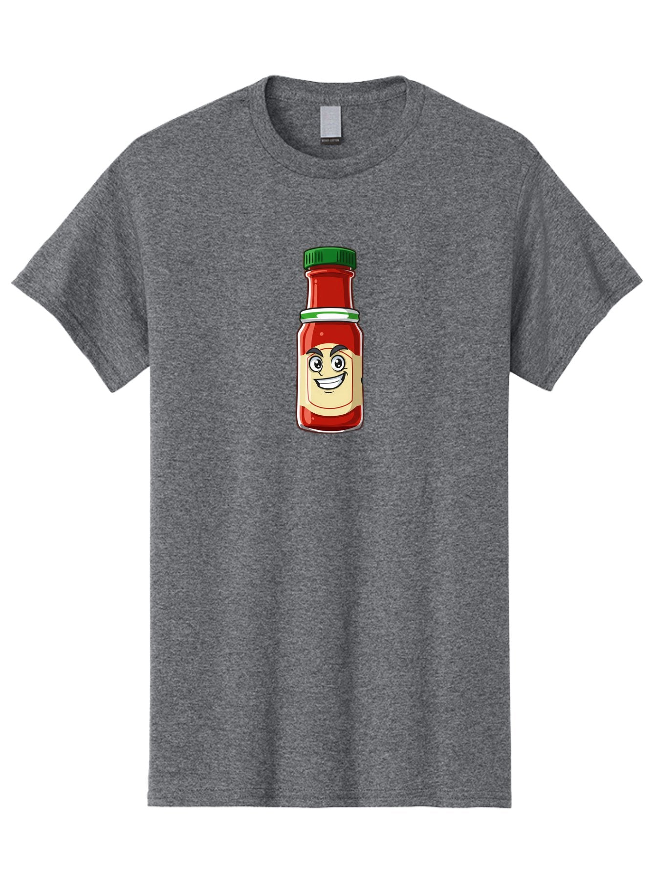 Hot-Sauce-Bottle-1 Men'S Graphic Tee, 100% Cotton, Comfortable Casual Summer Wear, Machine Washable, Cartoon Hot Sauce, Smiling Face, Red Sauce, Green Cap, Condiment Bottle, Humorous Illustration, Ketchup Alternative, Spicy Food, Baa822 15