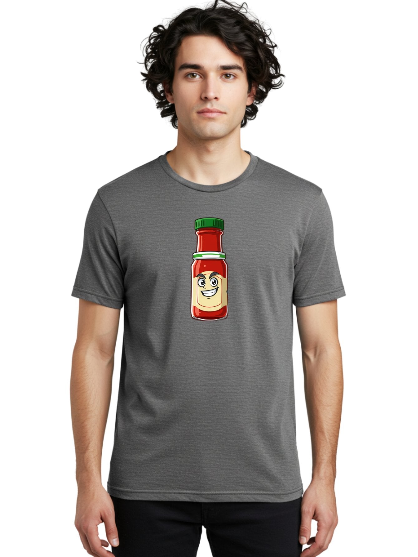 Hot-Sauce-Bottle-1 Men'S Graphic Tee, 100% Cotton, Comfortable Casual Summer Wear, Machine Washable, Cartoon Hot Sauce, Smiling Face, Red Sauce, Green Cap, Condiment Bottle, Humorous Illustration, Ketchup Alternative, Spicy Food, Baa822 30