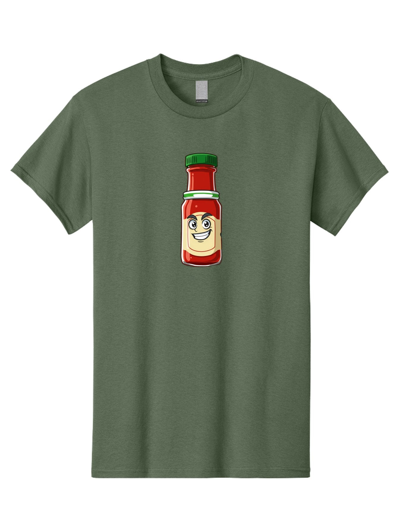 Hot-Sauce-Bottle-1 Men'S Graphic Tee, 100% Cotton, Comfortable Casual Summer Wear, Machine Washable, Cartoon Hot Sauce, Smiling Face, Red Sauce, Green Cap, Condiment Bottle, Humorous Illustration, Ketchup Alternative, Spicy Food, Baa822 8