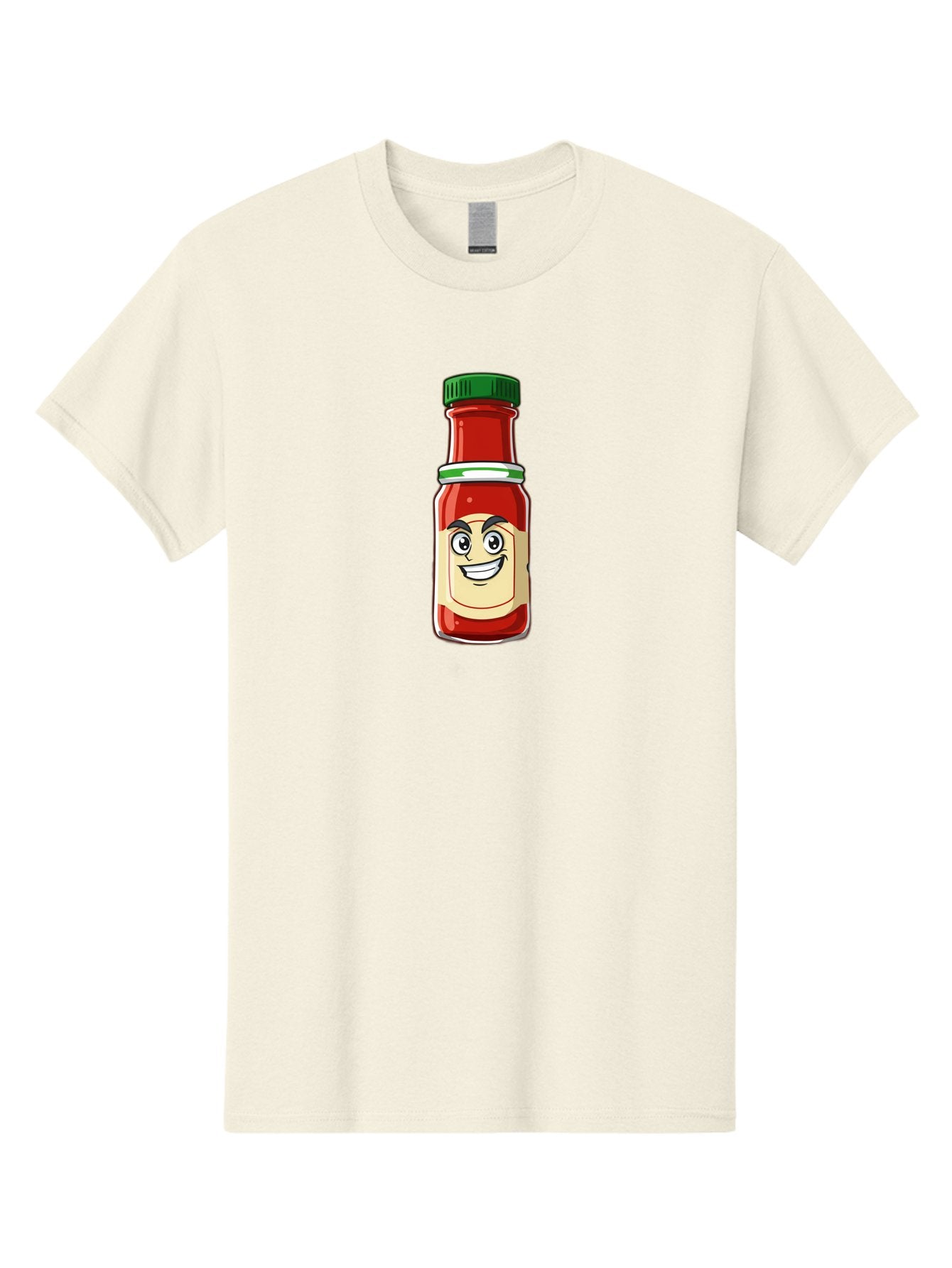 Hot-Sauce-Bottle-1 Men'S Graphic Tee, 100% Cotton, Comfortable Casual Summer Wear, Machine Washable, Cartoon Hot Sauce, Smiling Face, Red Sauce, Green Cap, Condiment Bottle, Humorous Illustration, Ketchup Alternative, Spicy Food, Baa822 11