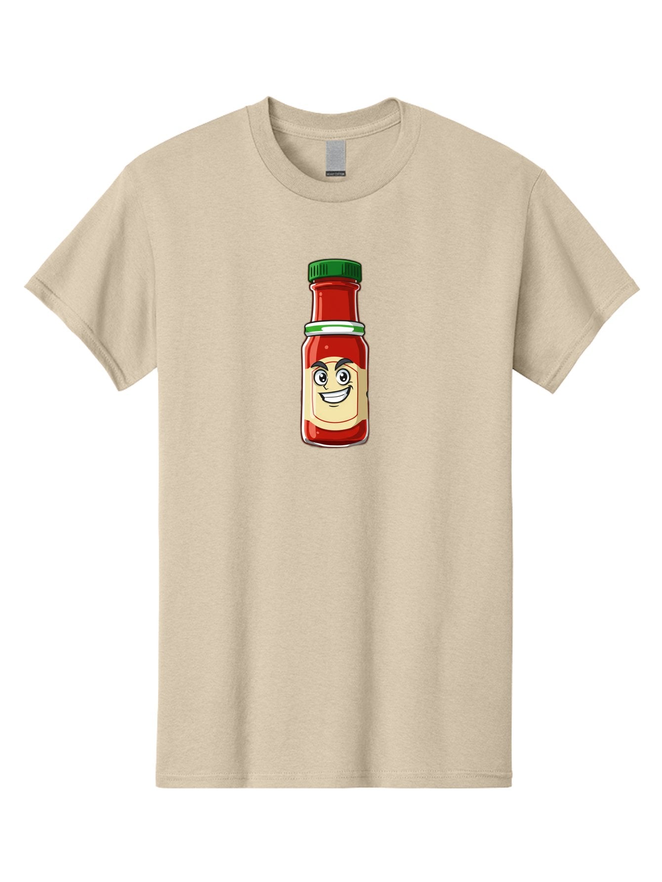 Hot-Sauce-Bottle-1 Men'S Graphic Tee, 100% Cotton, Comfortable Casual Summer Wear, Machine Washable, Cartoon Hot Sauce, Smiling Face, Red Sauce, Green Cap, Condiment Bottle, Humorous Illustration, Ketchup Alternative, Spicy Food, Baa822 4