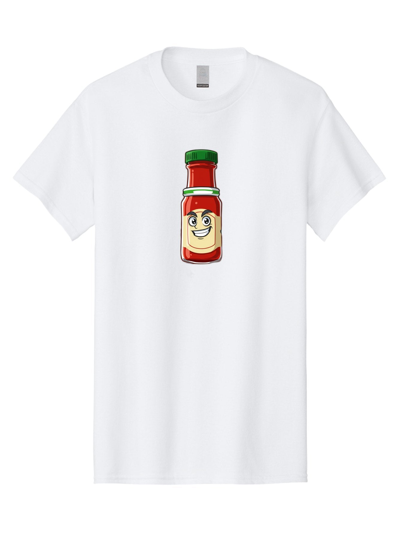 Hot-Sauce-Bottle-1 Men'S Graphic Tee, 100% Cotton, Comfortable Casual Summer Wear, Machine Washable, Cartoon Hot Sauce, Smiling Face, Red Sauce, Green Cap, Condiment Bottle, Humorous Illustration, Ketchup Alternative, Spicy Food, Baa822 13