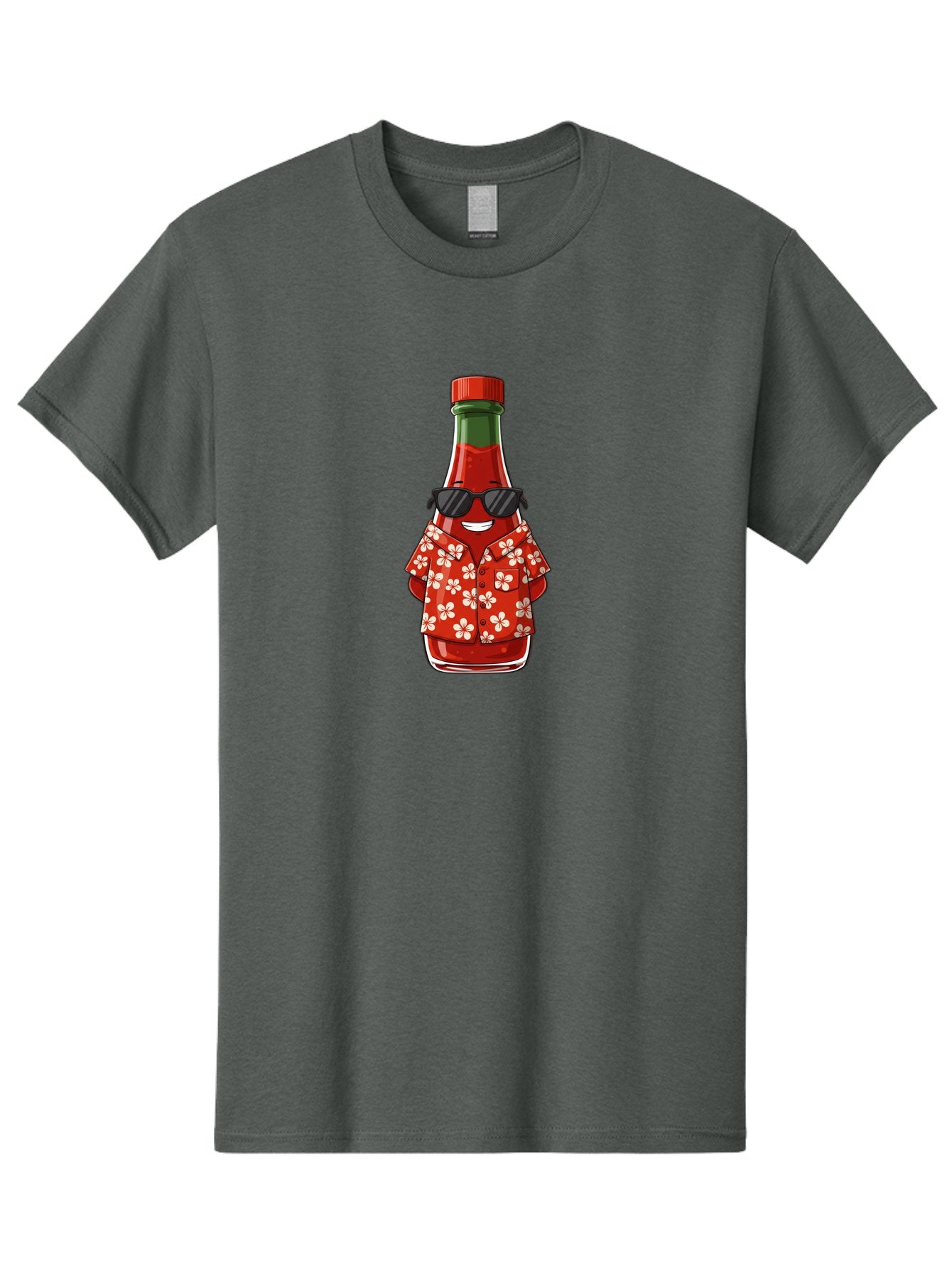 Hot-Sauce-Bottle-2 Men'S Graphic Tee, 100% Cotton, Comfortable Casual Summer Wear, Machine Washable, Sriracha Bottle Character, Cartoon Hot Sauce, Sriracha Mascot, Hot Sauce Bottle, Sunglasses, Hawaiian Shirt, White Flowers, Baa826 10