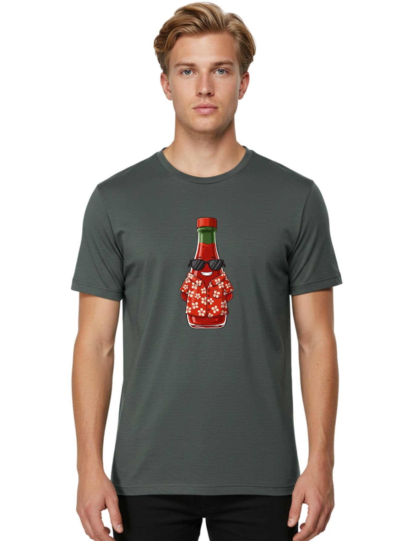 Hot-Sauce-Bottle-2 Men'S Graphic Tee, 100% Cotton, Comfortable Casual Summer Wear, Machine Washable, Sriracha Bottle Character, Cartoon Hot Sauce, Sriracha Mascot, Hot Sauce Bottle, Sunglasses, Hawaiian Shirt, White Flowers, Baa826 17