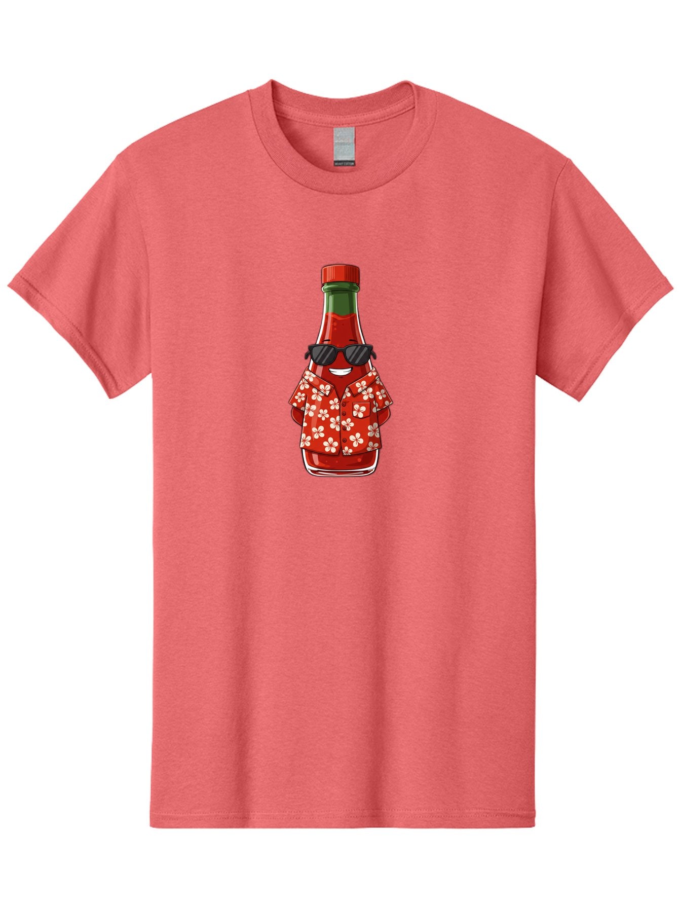 Hot-Sauce-Bottle-2 Men'S Graphic Tee, 100% Cotton, Comfortable Casual Summer Wear, Machine Washable, Sriracha Bottle Character, Cartoon Hot Sauce, Sriracha Mascot, Hot Sauce Bottle, Sunglasses, Hawaiian Shirt, White Flowers, Baa826 15