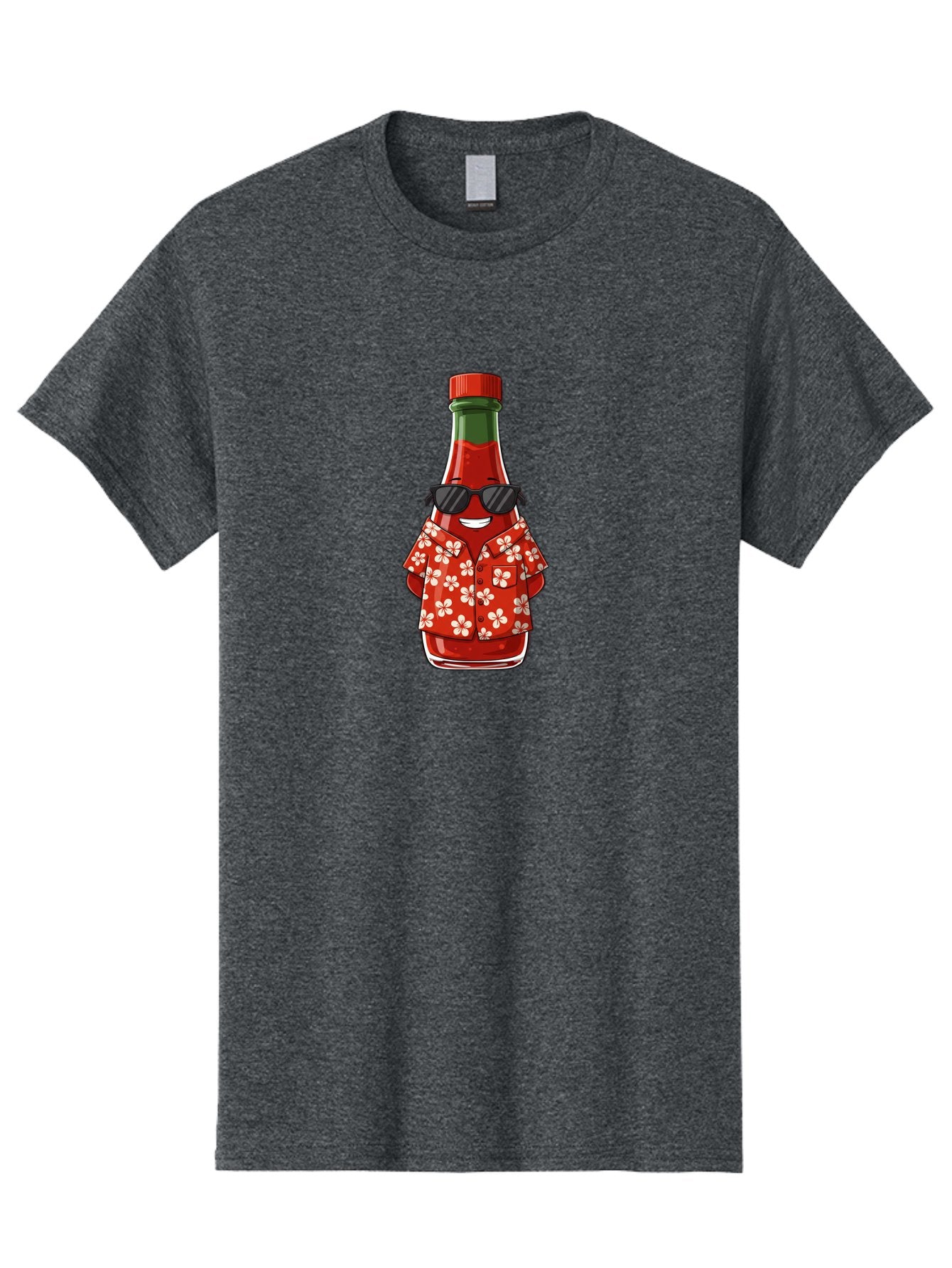 Hot-Sauce-Bottle-2 Men'S Graphic Tee, 100% Cotton, Comfortable Casual Summer Wear, Machine Washable, Sriracha Bottle Character, Cartoon Hot Sauce, Sriracha Mascot, Hot Sauce Bottle, Sunglasses, Hawaiian Shirt, White Flowers, Baa826