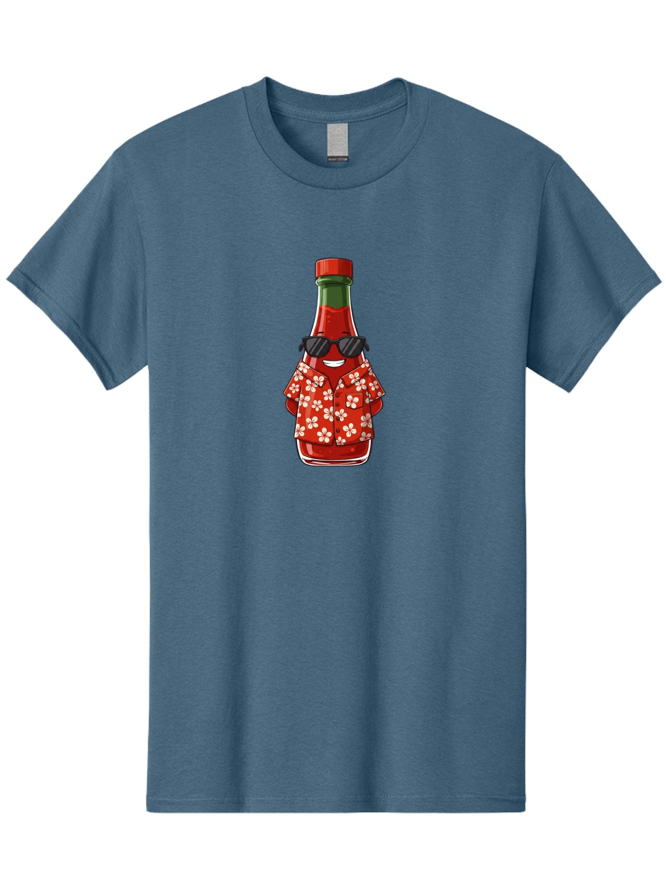 Hot-Sauce-Bottle-2 Men'S Graphic Tee, 100% Cotton, Comfortable Casual Summer Wear, Machine Washable, Sriracha Bottle Character, Cartoon Hot Sauce, Sriracha Mascot, Hot Sauce Bottle, Sunglasses, Hawaiian Shirt, White Flowers, Baa826 5