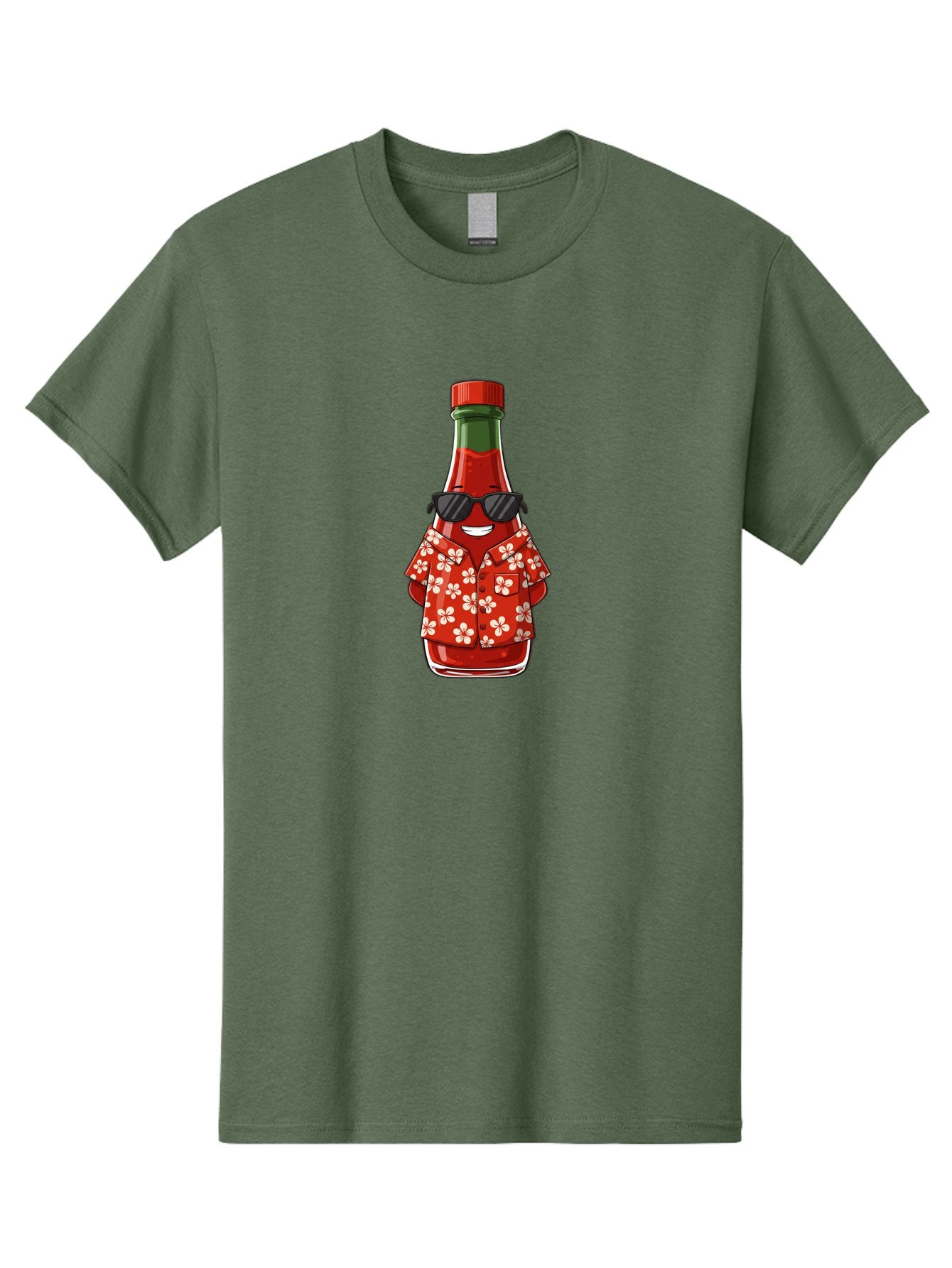 Hot-Sauce-Bottle-2 Men'S Graphic Tee, 100% Cotton, Comfortable Casual Summer Wear, Machine Washable, Sriracha Bottle Character, Cartoon Hot Sauce, Sriracha Mascot, Hot Sauce Bottle, Sunglasses, Hawaiian Shirt, White Flowers, Baa826 13