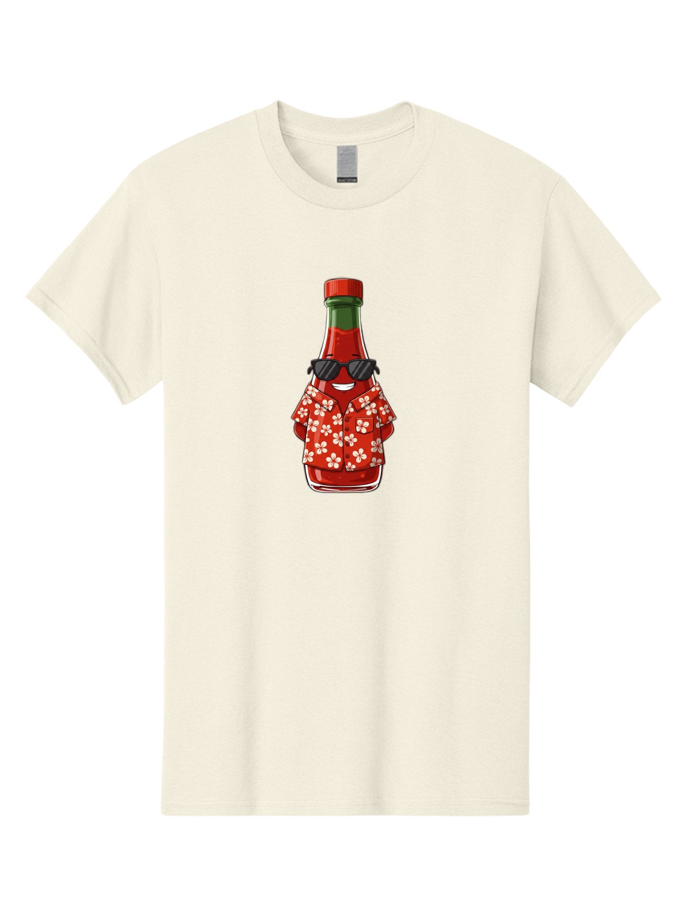 Hot-Sauce-Bottle-2 Men'S Graphic Tee, 100% Cotton, Comfortable Casual Summer Wear, Machine Washable, Sriracha Bottle Character, Cartoon Hot Sauce, Sriracha Mascot, Hot Sauce Bottle, Sunglasses, Hawaiian Shirt, White Flowers, Baa826