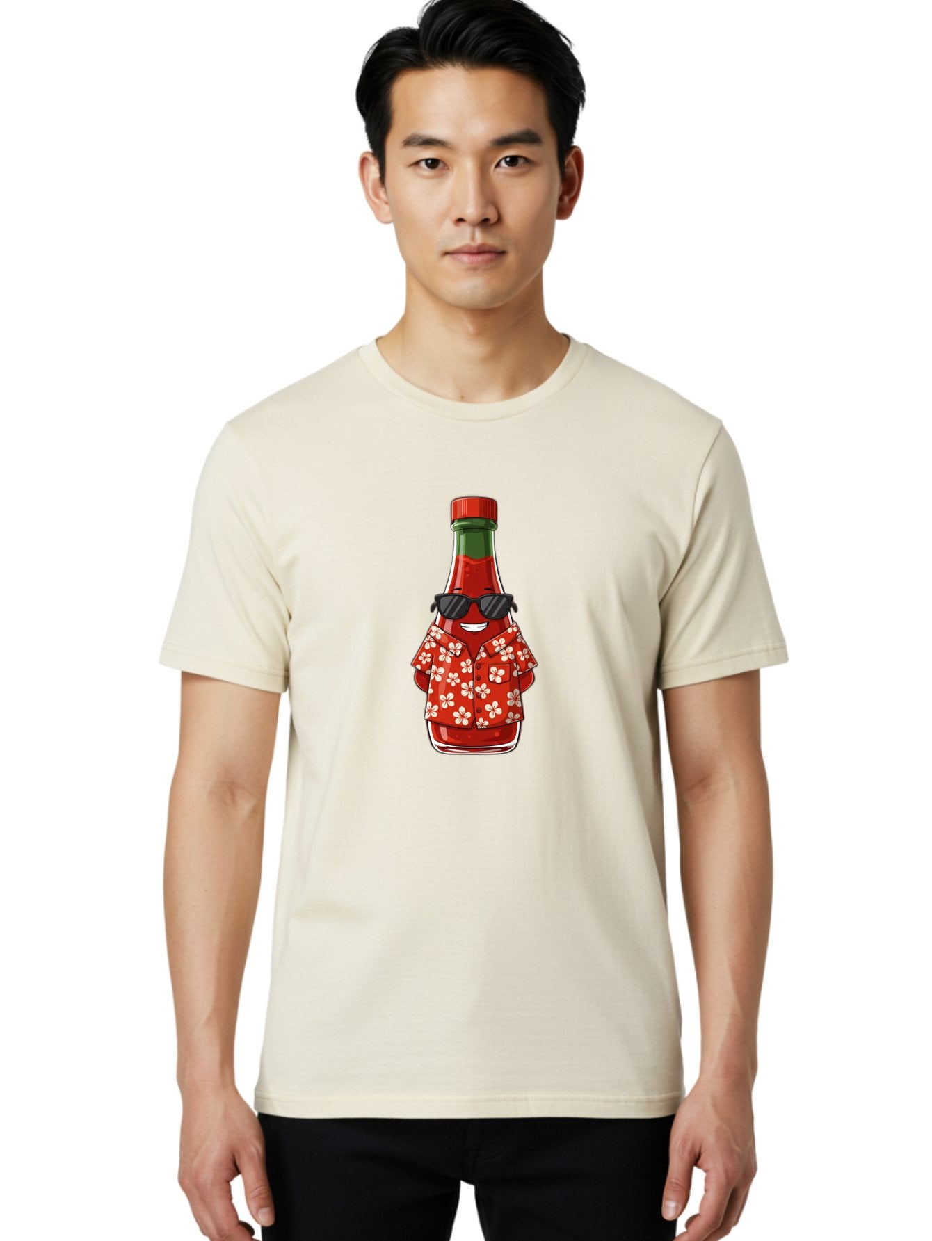 Hot-Sauce-Bottle-2 Men'S Graphic Tee, 100% Cotton, Comfortable Casual Summer Wear, Machine Washable, Sriracha Bottle Character, Cartoon Hot Sauce, Sriracha Mascot, Hot Sauce Bottle, Sunglasses, Hawaiian Shirt, White Flowers, Baa826 21