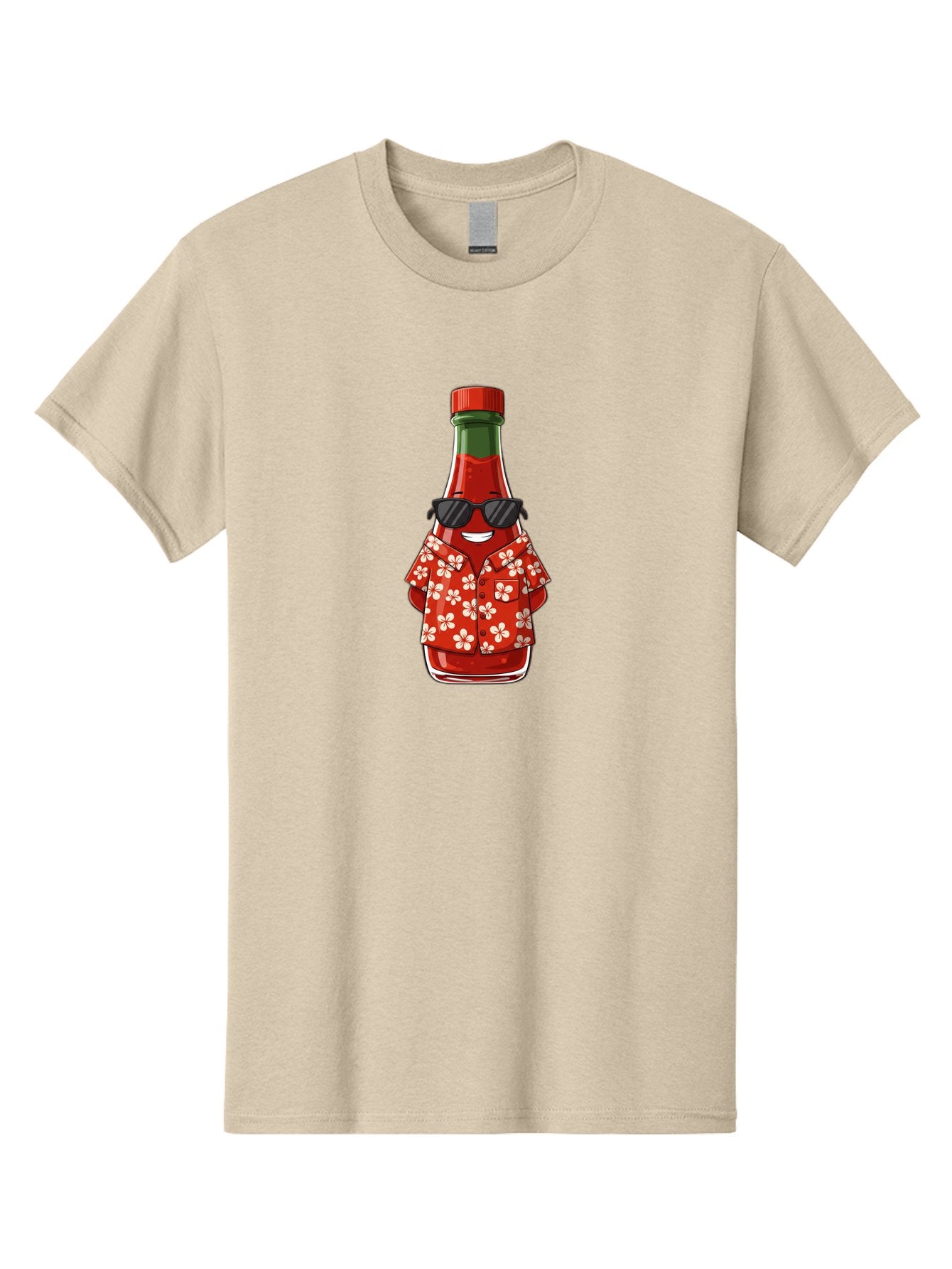 Hot-Sauce-Bottle-2 Men'S Graphic Tee, 100% Cotton, Comfortable Casual Summer Wear, Machine Washable, Sriracha Bottle Character, Cartoon Hot Sauce, Sriracha Mascot, Hot Sauce Bottle, Sunglasses, Hawaiian Shirt, White Flowers, Baa826 3
