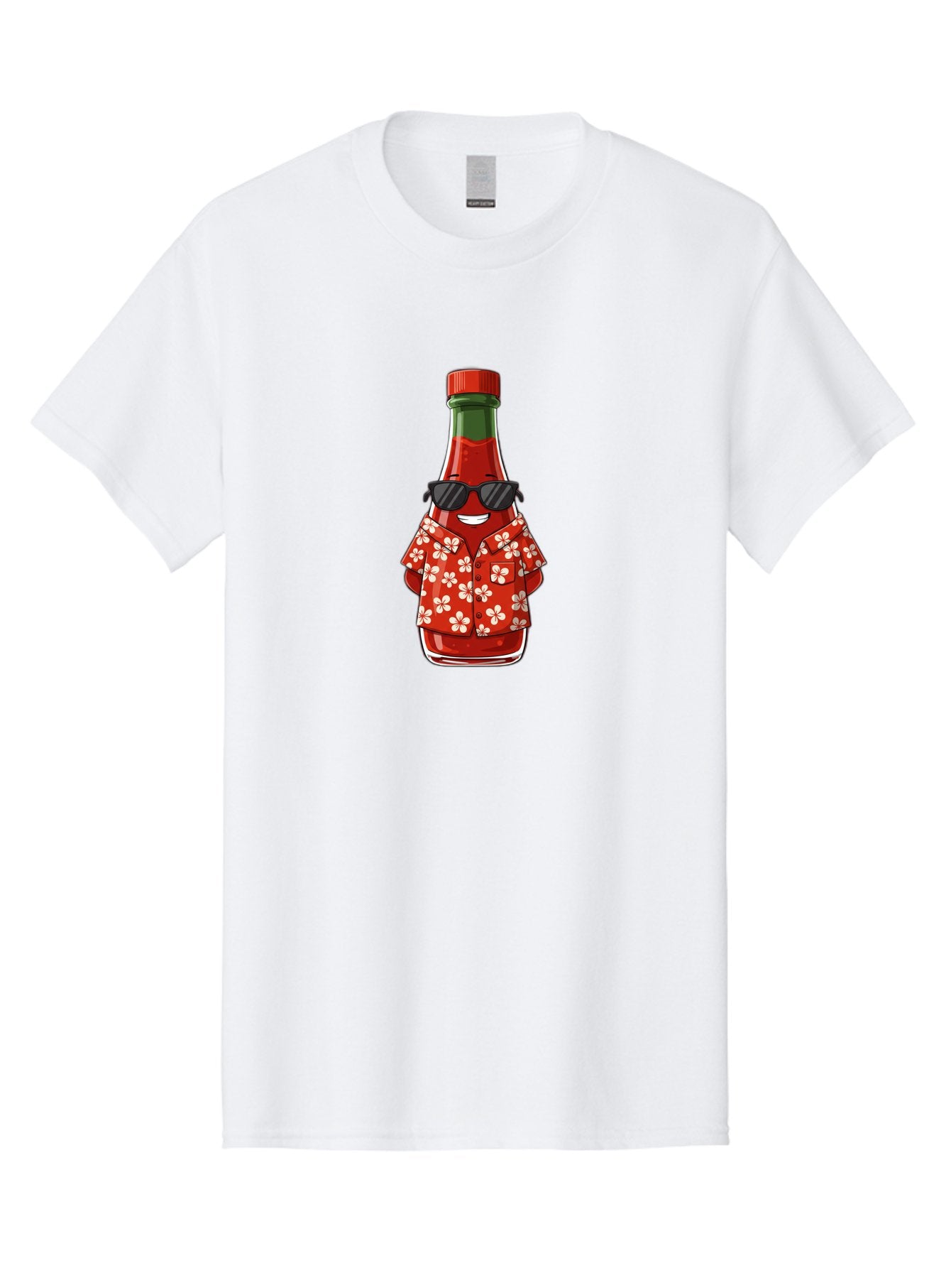 Hot-Sauce-Bottle-2 Men'S Graphic Tee, 100% Cotton, Comfortable Casual Summer Wear, Machine Washable, Sriracha Bottle Character, Cartoon Hot Sauce, Sriracha Mascot, Hot Sauce Bottle, Sunglasses, Hawaiian Shirt, White Flowers, Baa826 4