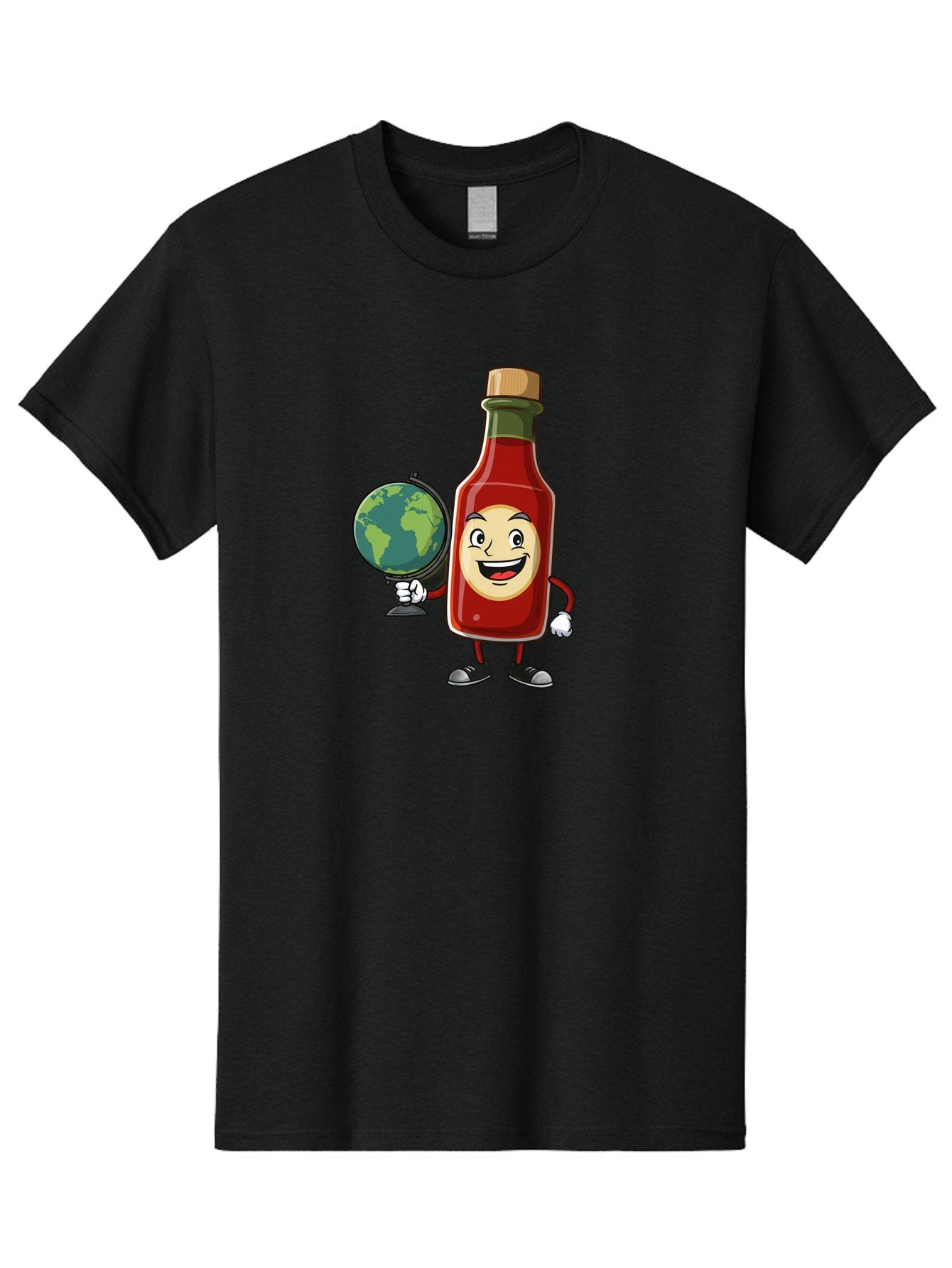 Hot-Sauce-Bottle-3 Men'S Graphic Tee, 100% Cotton, Comfortable Casual Summer Wear, Machine Washable, Hot Sauce Bottle Character, Cartoon Mascot, Smiling Face, Globe, Spicy Food, Condiment, Foodie Culture, Cartoon Style, Funny Illustration Baa827 3