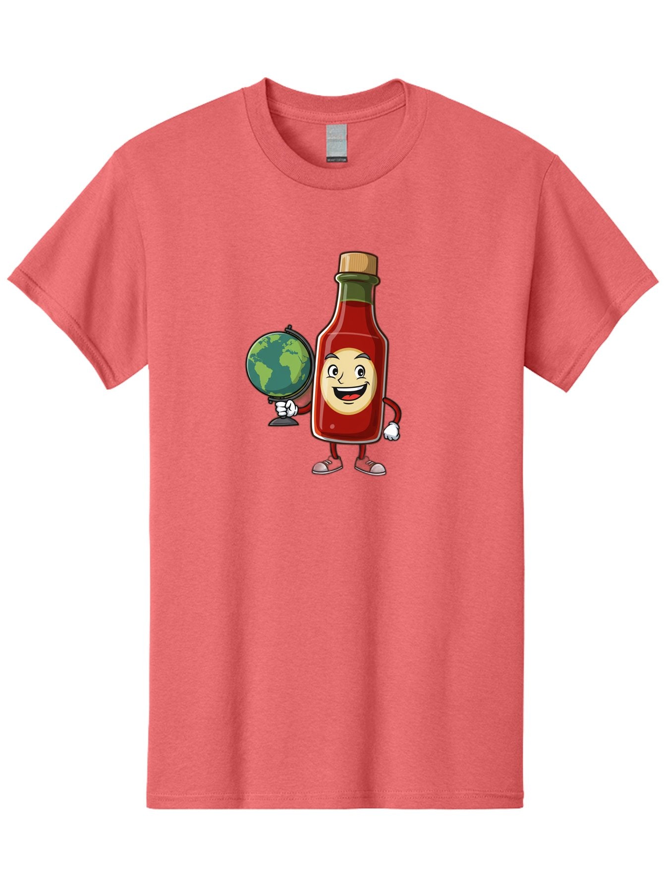 Hot-Sauce-Bottle-3 Men'S Graphic Tee, 100% Cotton, Comfortable Casual Summer Wear, Machine Washable, Hot Sauce Bottle Character, Cartoon Mascot, Smiling Face, Globe, Spicy Food, Condiment, Foodie Culture, Cartoon Style, Funny Illustration Baa827 11