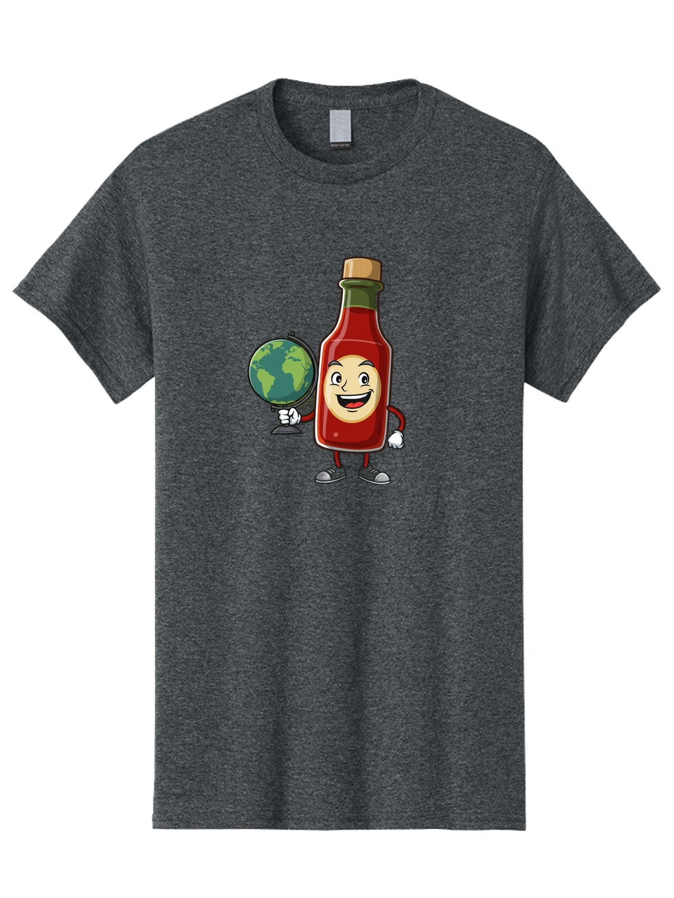 Hot-Sauce-Bottle-3 Men'S Graphic Tee, 100% Cotton, Comfortable Casual Summer Wear, Machine Washable, Hot Sauce Bottle Character, Cartoon Mascot, Smiling Face, Globe, Spicy Food, Condiment, Foodie Culture, Cartoon Style, Funny Illustration Baa827 9