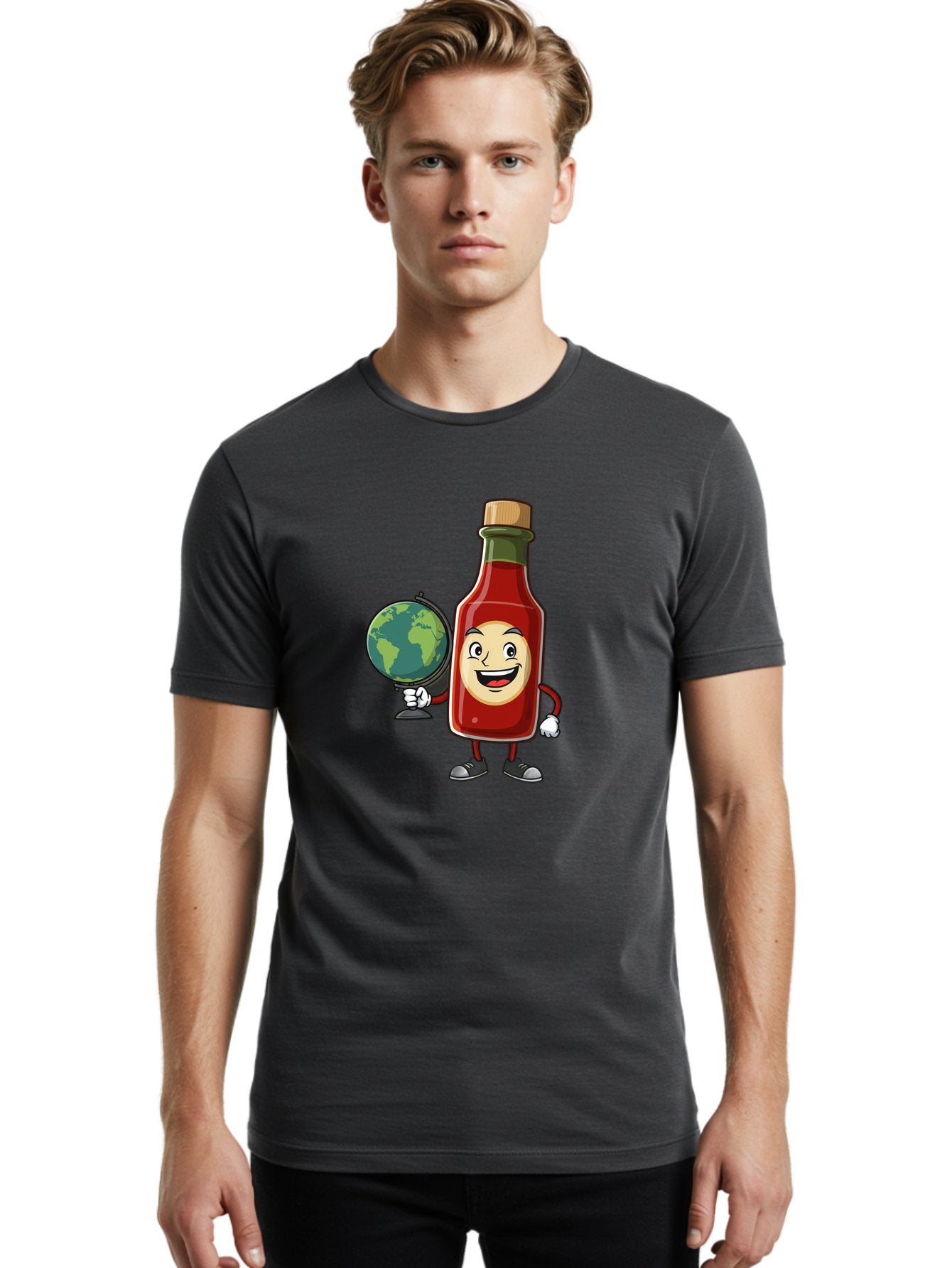 Hot-Sauce-Bottle-3 Men'S Graphic Tee, 100% Cotton, Comfortable Casual Summer Wear, Machine Washable, Hot Sauce Bottle Character, Cartoon Mascot, Smiling Face, Globe, Spicy Food, Condiment, Foodie Culture, Cartoon Style, Funny Illustration Baa827 26