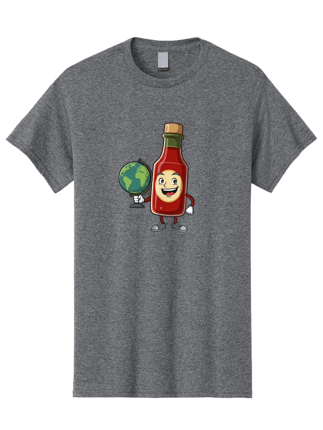 Hot-Sauce-Bottle-3 Men'S Graphic Tee, 100% Cotton, Comfortable Casual Summer Wear, Machine Washable, Hot Sauce Bottle Character, Cartoon Mascot, Smiling Face, Globe, Spicy Food, Condiment, Foodie Culture, Cartoon Style, Funny Illustration Baa827 6