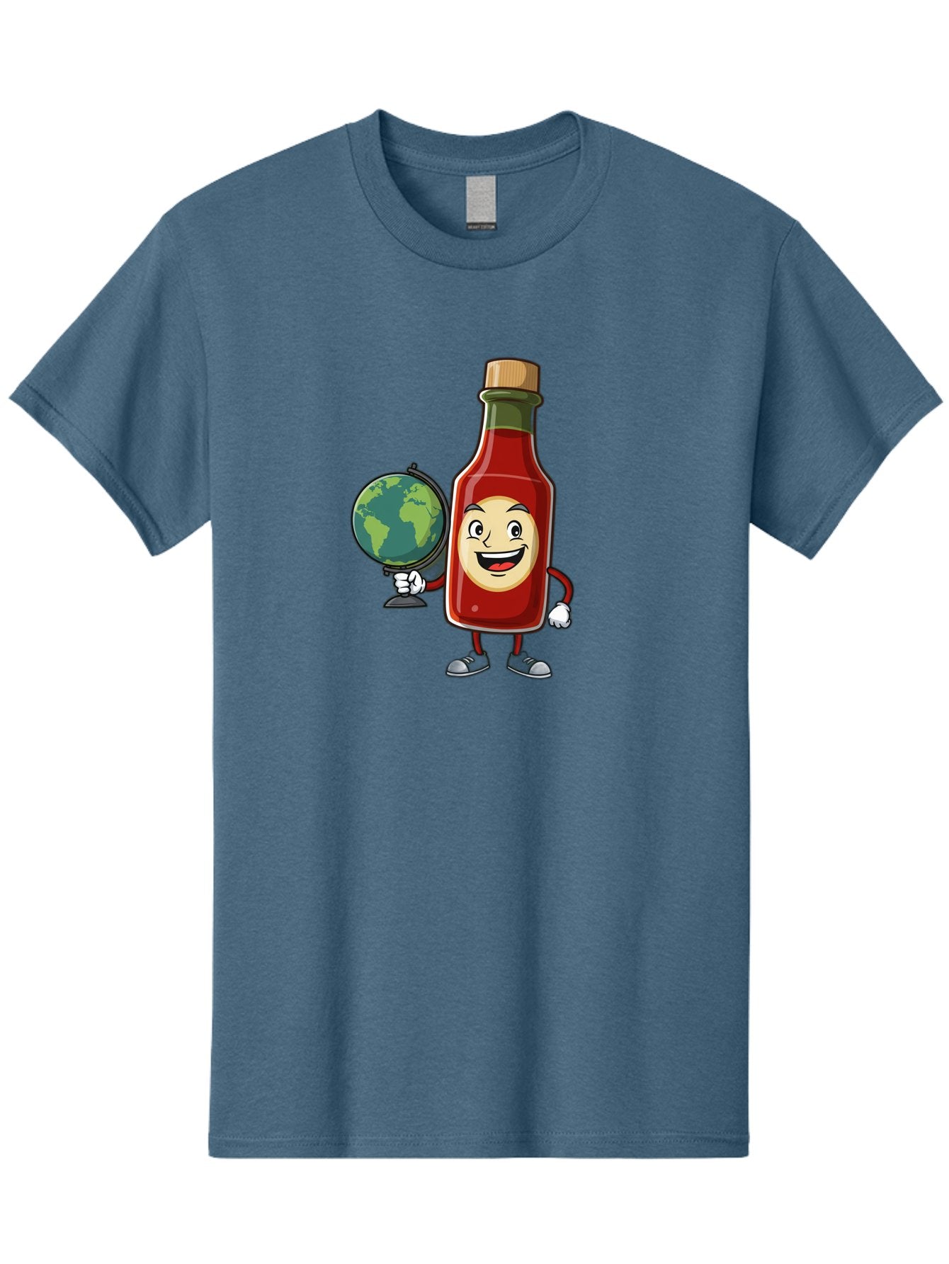 Hot-Sauce-Bottle-3 Men'S Graphic Tee, 100% Cotton, Comfortable Casual Summer Wear, Machine Washable, Hot Sauce Bottle Character, Cartoon Mascot, Smiling Face, Globe, Spicy Food, Condiment, Foodie Culture, Cartoon Style, Funny Illustration Baa827 13