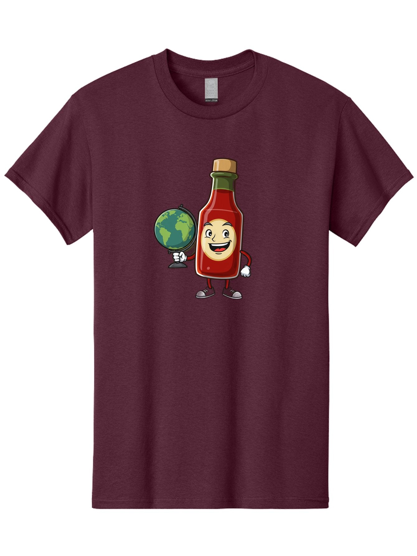 Hot-Sauce-Bottle-3 Men'S Graphic Tee, 100% Cotton, Comfortable Casual Summer Wear, Machine Washable, Hot Sauce Bottle Character, Cartoon Mascot, Smiling Face, Globe, Spicy Food, Condiment, Foodie Culture, Cartoon Style, Funny Illustration Baa827 5
